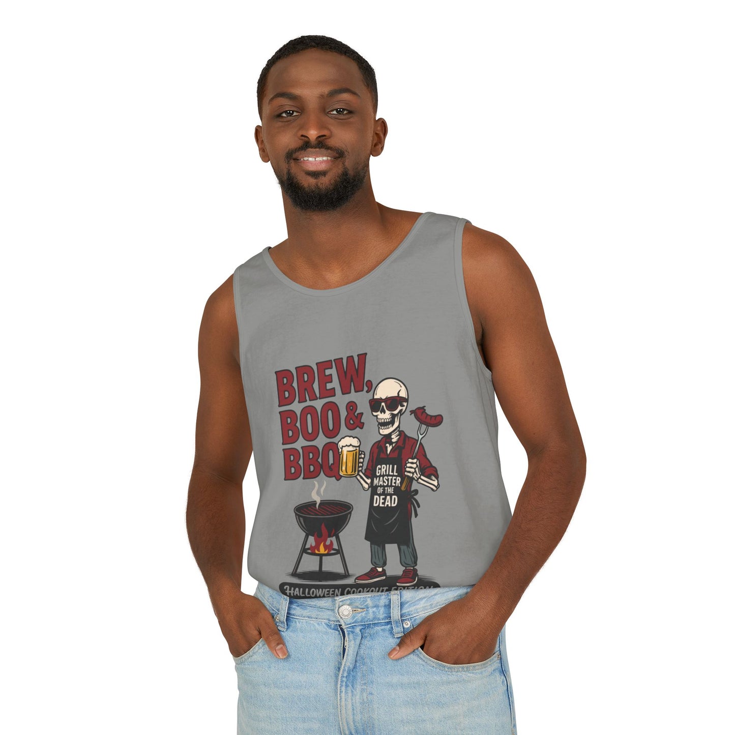 Halloween BBQ Men's Tank Top, Brew Boo & BBQ Skeleton Grill Master, Funny Dad Gift, Grill Master Top, Funny Skeleton Top