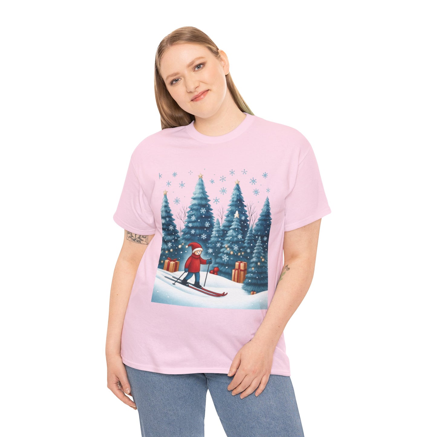Womens Cute Winter Holiday Graphic Tee, Christmas Skiing T-Shirt, Women's Heavy Cotton Tee