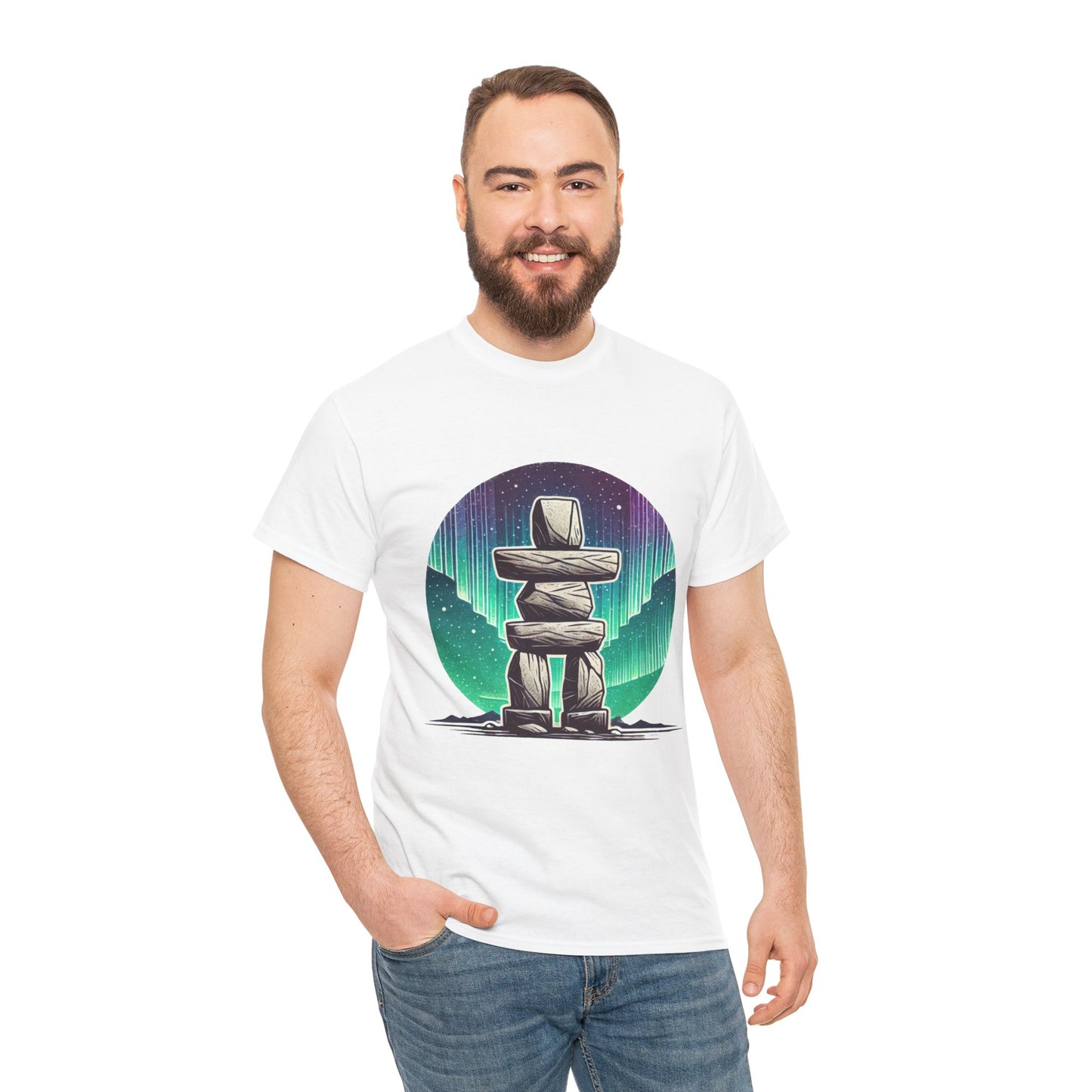 Aurora Stone Inukshuk Tee, Northern Lights Inukshuk T-Shirt, Arctic Stone Stack Aurora Graphic Tee, Canada Inuit Symbol Shirt