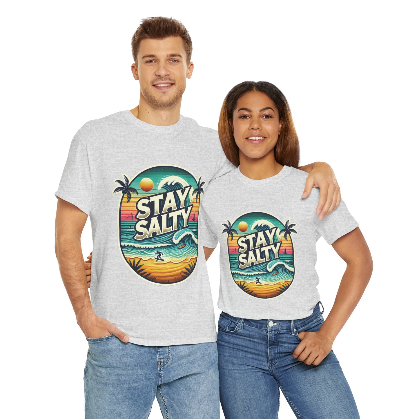 Stay Salty Retro Surf Unisex Heavy Cotton Tee, Vintage Beach Sunset Graphic T-Shirt, Summer Ocean Wave Surfer Shirt, Ocean Lover Gift