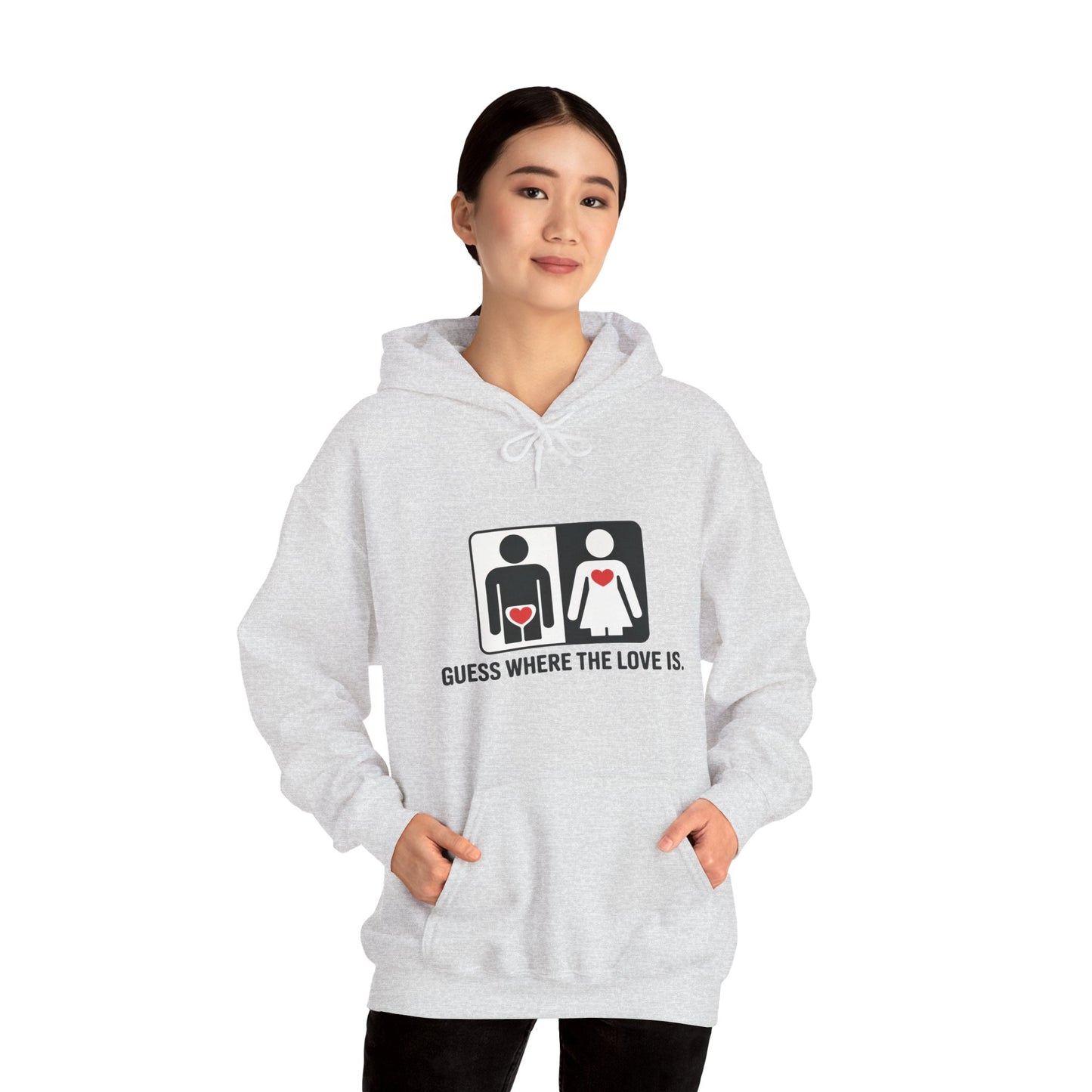 Cute Guess Where The Love Is Mens Hoodie, Sweatshirt for Couples, Valentines Day Gift, Relationship Humor Hoodie, Bold Love Joke Hoodie