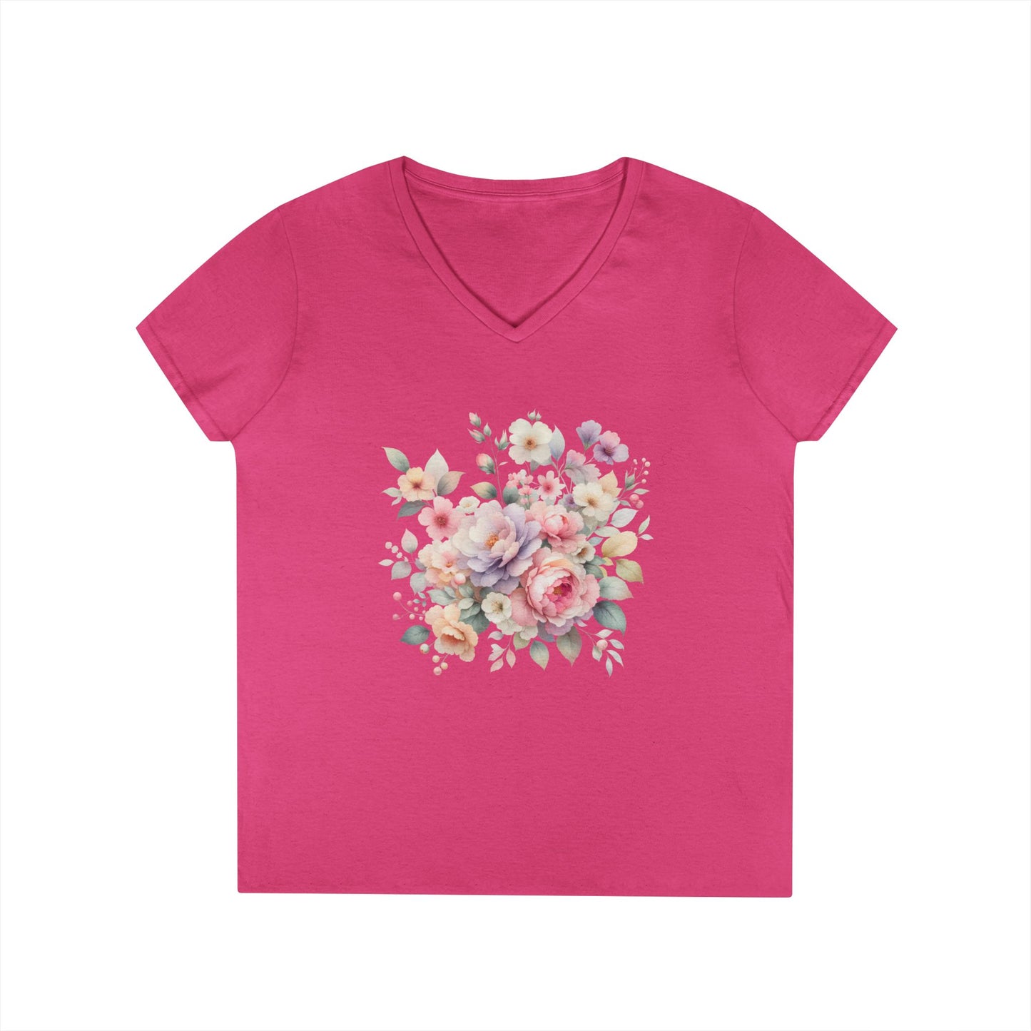 Pastel Floral Bouquet Ladies' V-Neck T-Shirt, Romantic Soft Vintage Flower Tee, Spring Fashion, Gift for Her, Everyday Wear