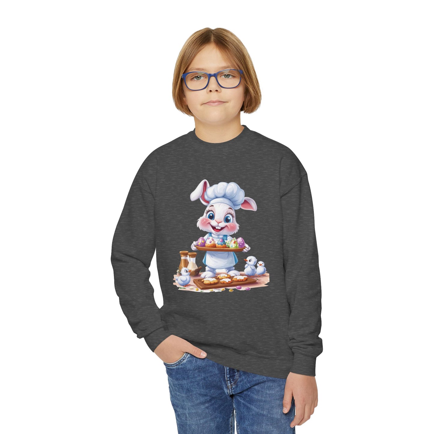 Easter Bunny Baker Youth Sweatshirt, Easter Gift, Kids Sweater, Cute Rabbit Design with Eggs, Spring Fashion, Easter Outfit for Kids