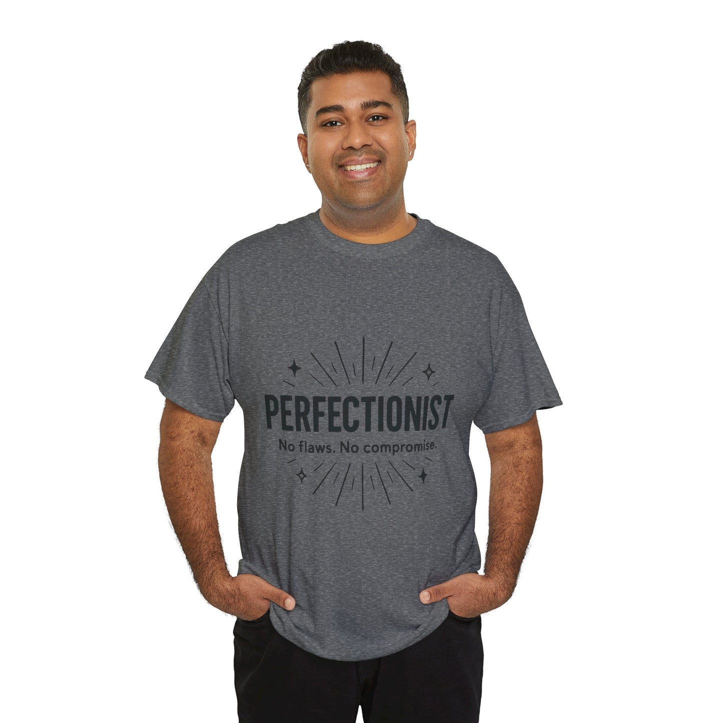 Mens Perfectionist T-Shirt, No Flaws No Compromise, Minimal Bold Graphic Tee, Gift for OCD, Clean Freak, or Detail-Oriented Men