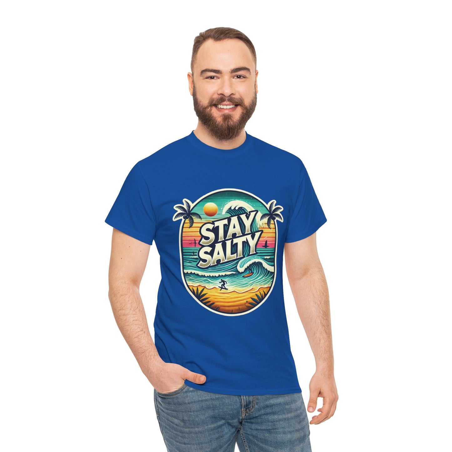 Stay Salty Retro Surf Unisex Heavy Cotton Tee, Vintage Beach Sunset Graphic T-Shirt, Summer Ocean Wave Surfer Shirt, Ocean Lover Gift
