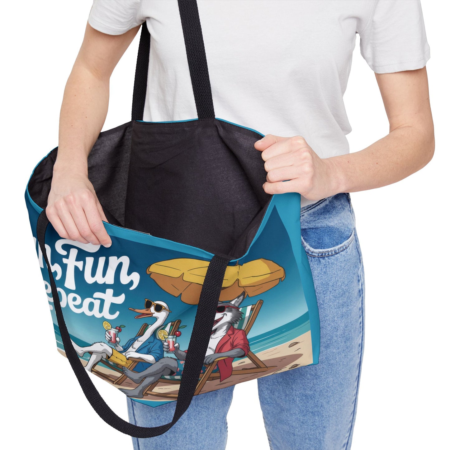 Funny Animal Beach Weekender Tote Bag, Weekender Bag with Cool Cartoon Duck and Wolf, Oversized Travel Beach Bag, Summer Essentials