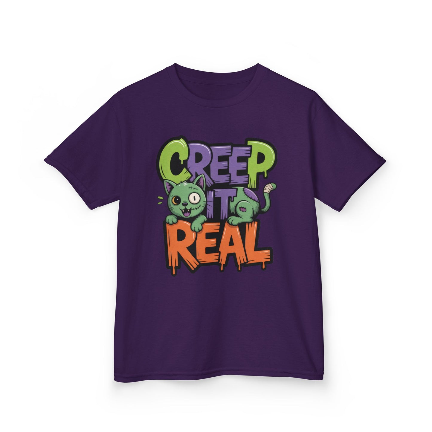 Creep It Real Kids Halloween Shirt, Cute Zombie Cat Graffiti Style T-Shirt for Boys & Girls