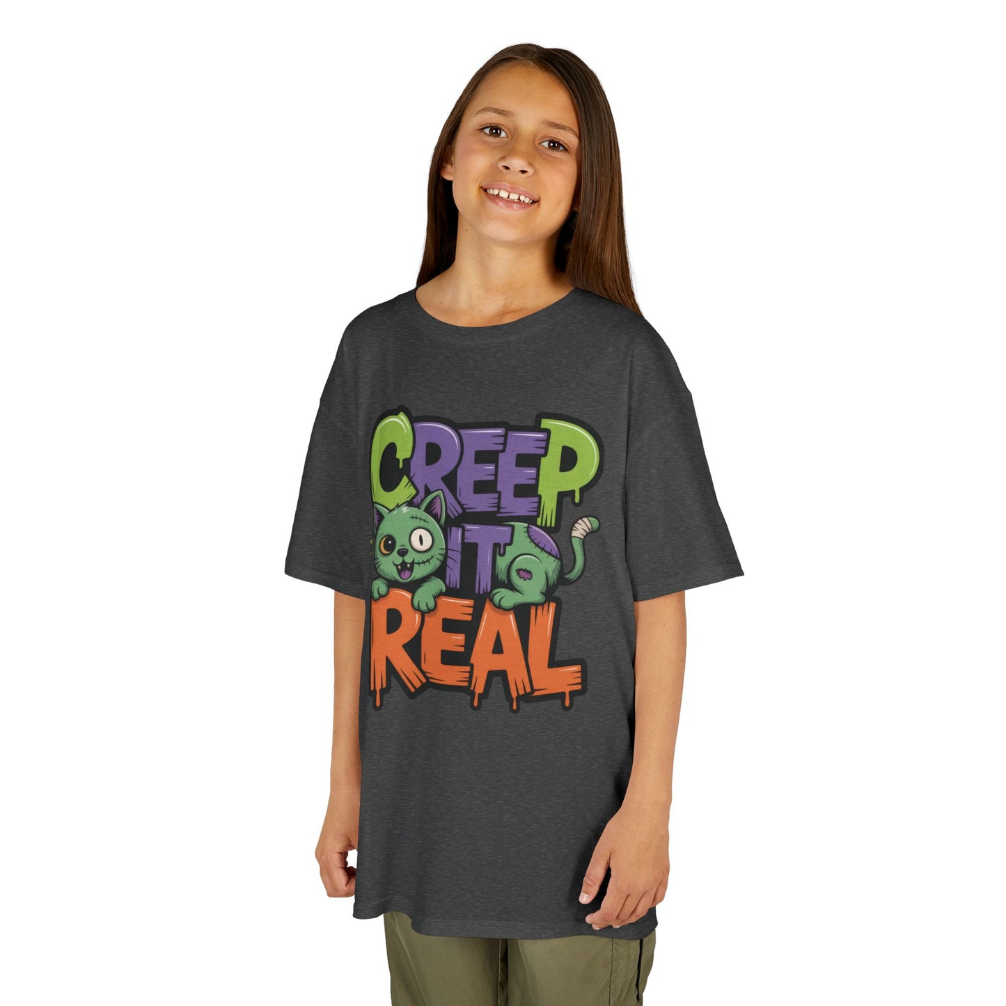 Creep It Real Kids Halloween Shirt, Cute Zombie Cat Graffiti Style T-Shirt for Boys & Girls
