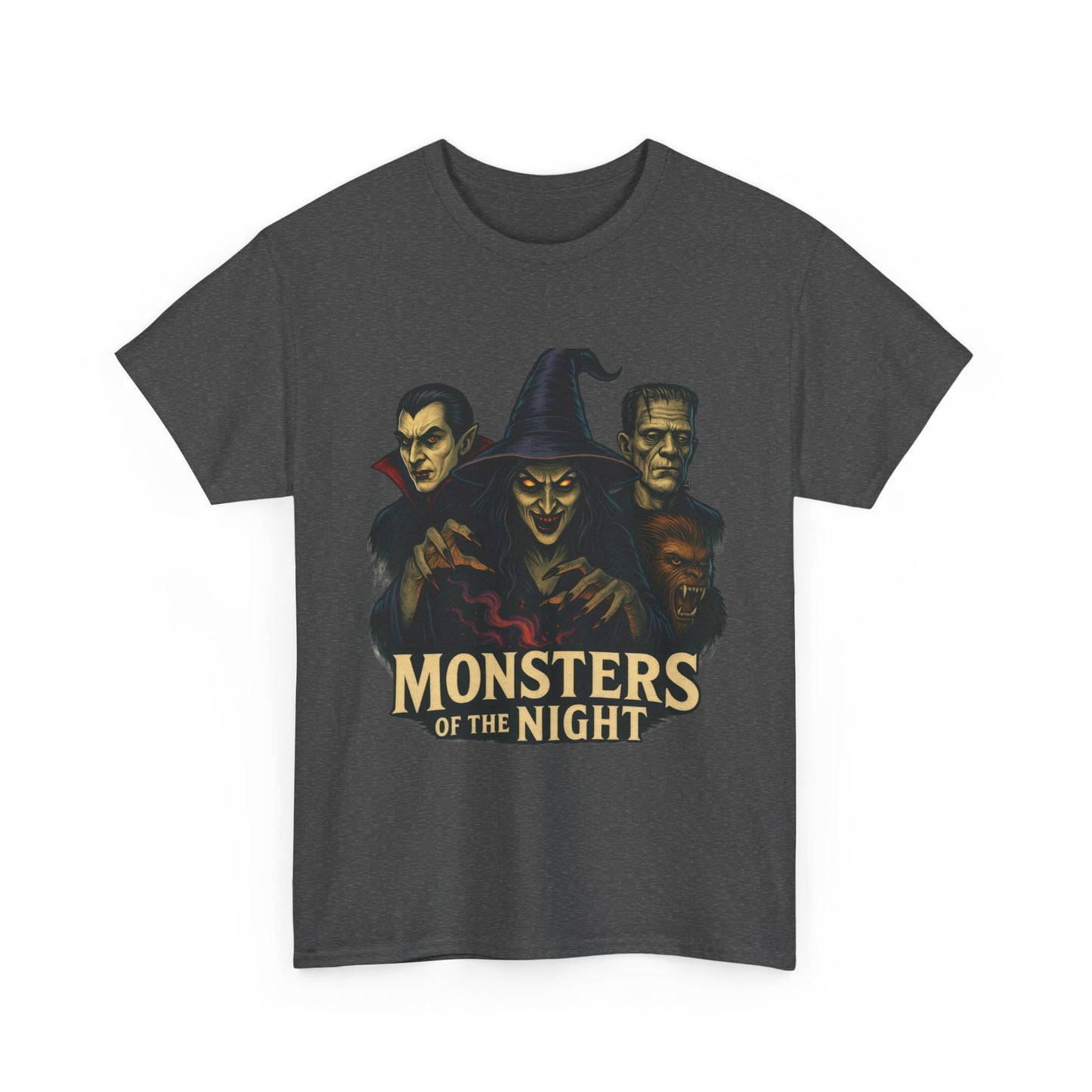 Monsters of the Night Women's T-Shirt, Classic Horror Witch, Vampire, Frankenstein Halloween Tee