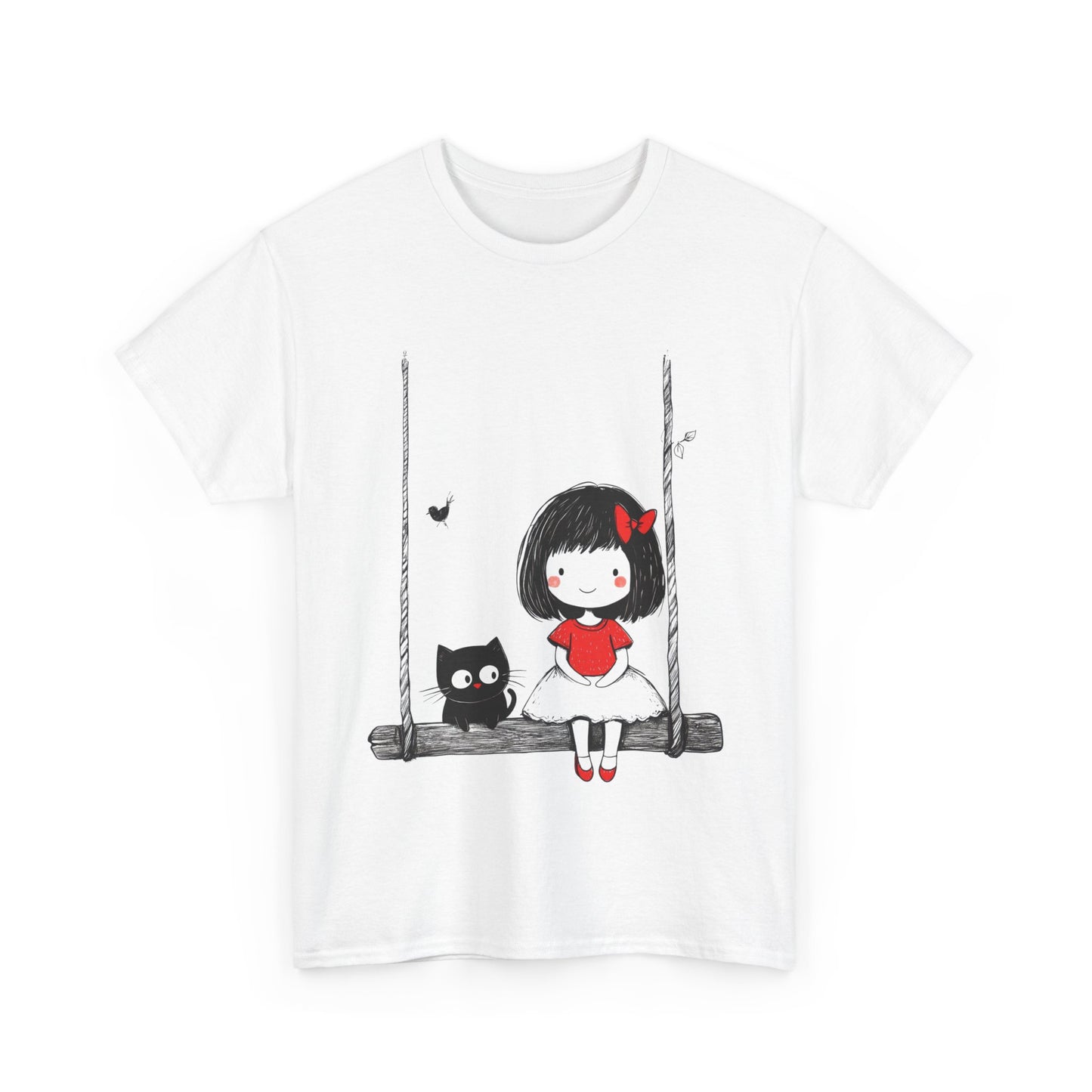 Cute Cat & Girl Graphic Tee, Playful Gift for Cat Lovers, Cat and Girl Design, Gift for Cat Owners, Women's Cotton T-Shirt