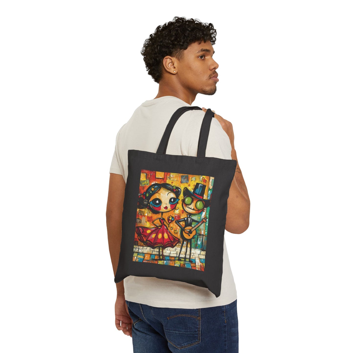 Colorful Cartoon Art Tote Bag, Quirky Gothic Skeleton and Flamenco Girl Illustration, Cotton Canvas Shopping Bag, Funky Day of the Dead Gift