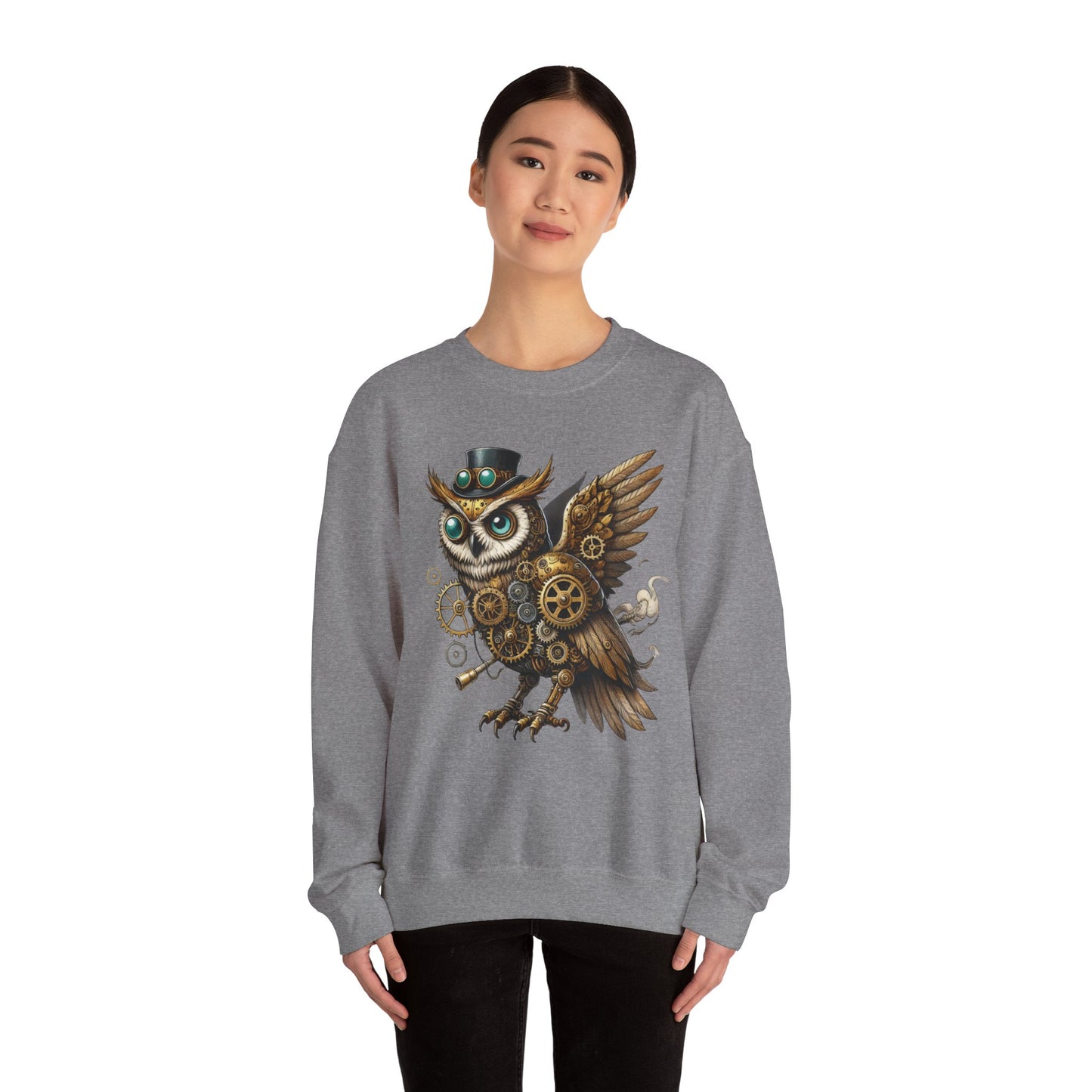 Steampunk Owl Unisex Crewneck Sweatshirt, Vintage Mechanical Gears Fantasy Bird Graphic Pullover, Gift for Owl Lovers