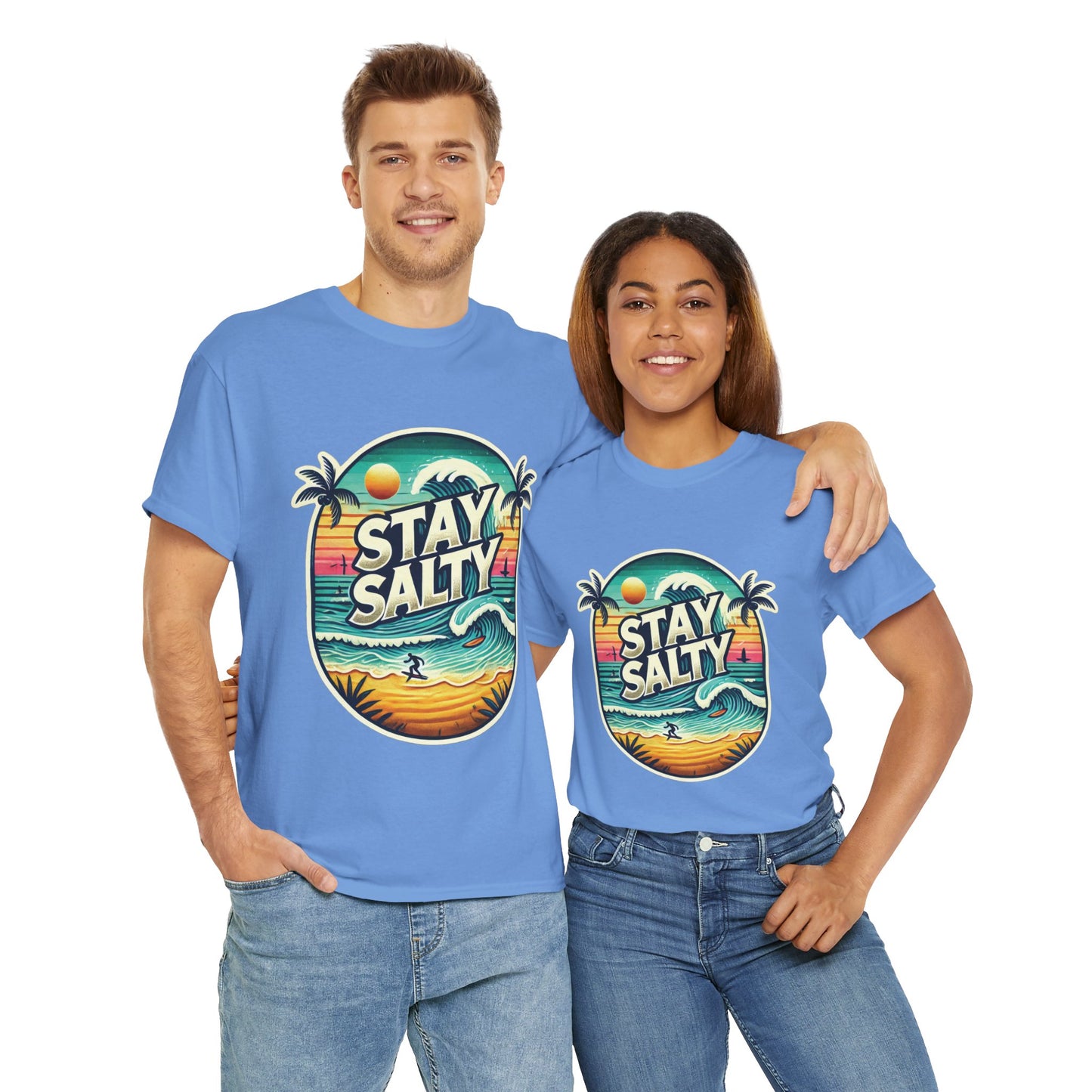 Stay Salty Retro Surf Unisex Heavy Cotton Tee, Vintage Beach Sunset Graphic T-Shirt, Summer Ocean Wave Surfer Shirt, Ocean Lover Gift