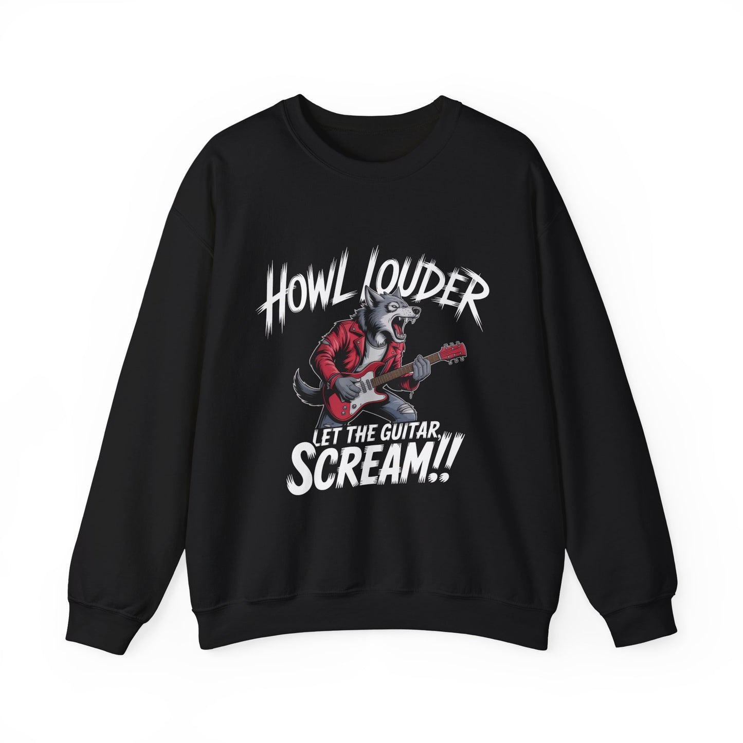 Howl Louder Wolf Sweatshirt, Let The Guitar Scream Pullover, Rock Guitar Animal Hoodie, Rocking Wolf Crewneck Sweatshirt, Music Lover Gift