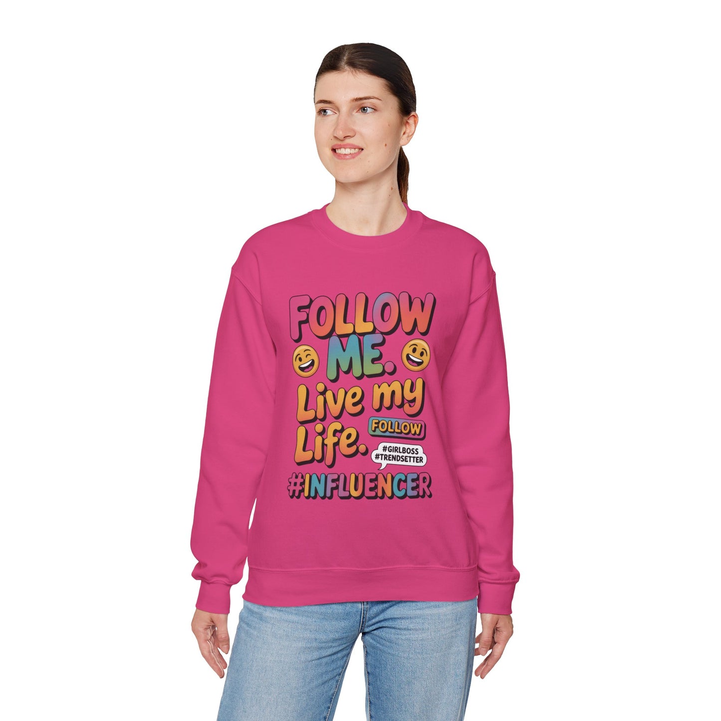 Womens Heavy Blend™ Crewneck Sweatshirt, Influencer Sweatshirt, Colorful Follow Me Live My Life Graphic Sweatshirt, Trendy GirlBoss Outfit