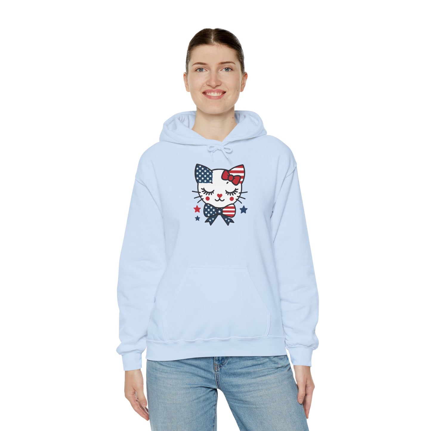 Cute Cat Patriot Women's Hoodie, Women's Heavy Blend Sweatshirt, Gift for Cat Lovers, 4th of July Apparel, Perfect for Independence Day