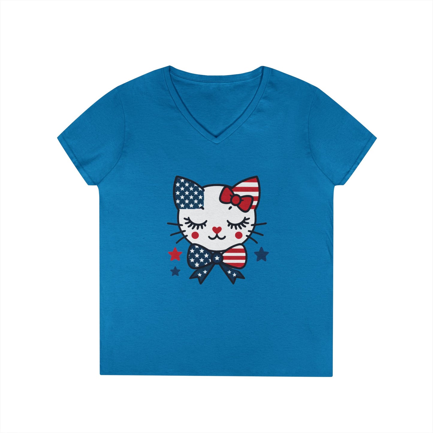 Patriotic Cat Ladies' V-Neck T-Shirt, Cute Tee, July 4th Top, Independence Day Shirt, Gift for Cat Lovers, Casual Summer Wear