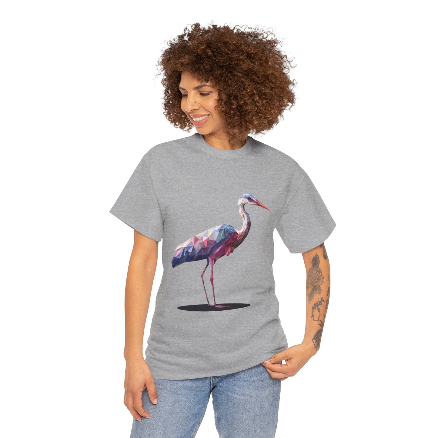 Geometric Heron T-Shirt, Colorful Polygon Bird Graphic, Nature Lover Unisex Heavy Cotton Tee, Geometric Crane Tee, Bird Lovers Gift