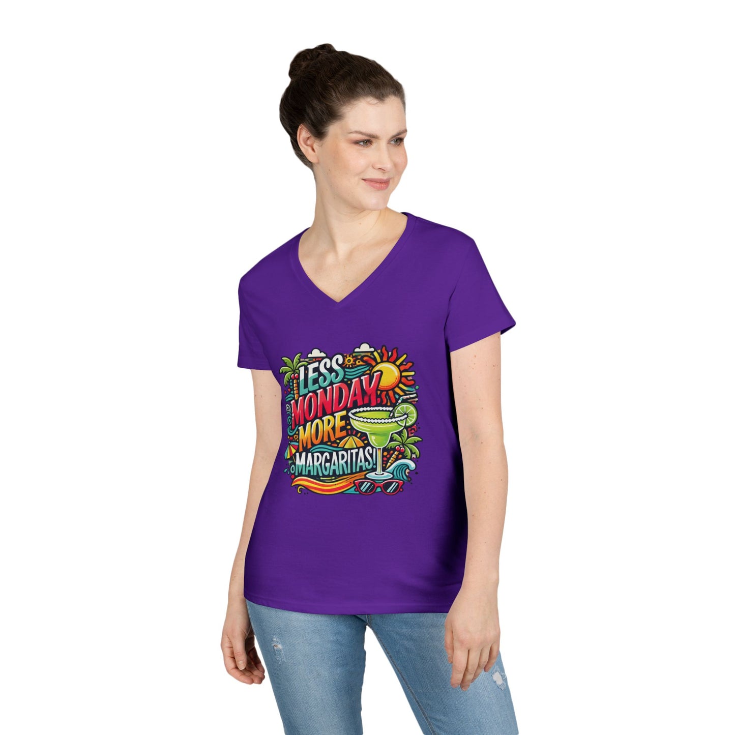 Less Monday More Margaritas Ladies' V-Neck T-Shirt, Funny Summer Cocktail Shirt, Tropical Vacation Tee for Women, Party Tee, Weekend Vibes