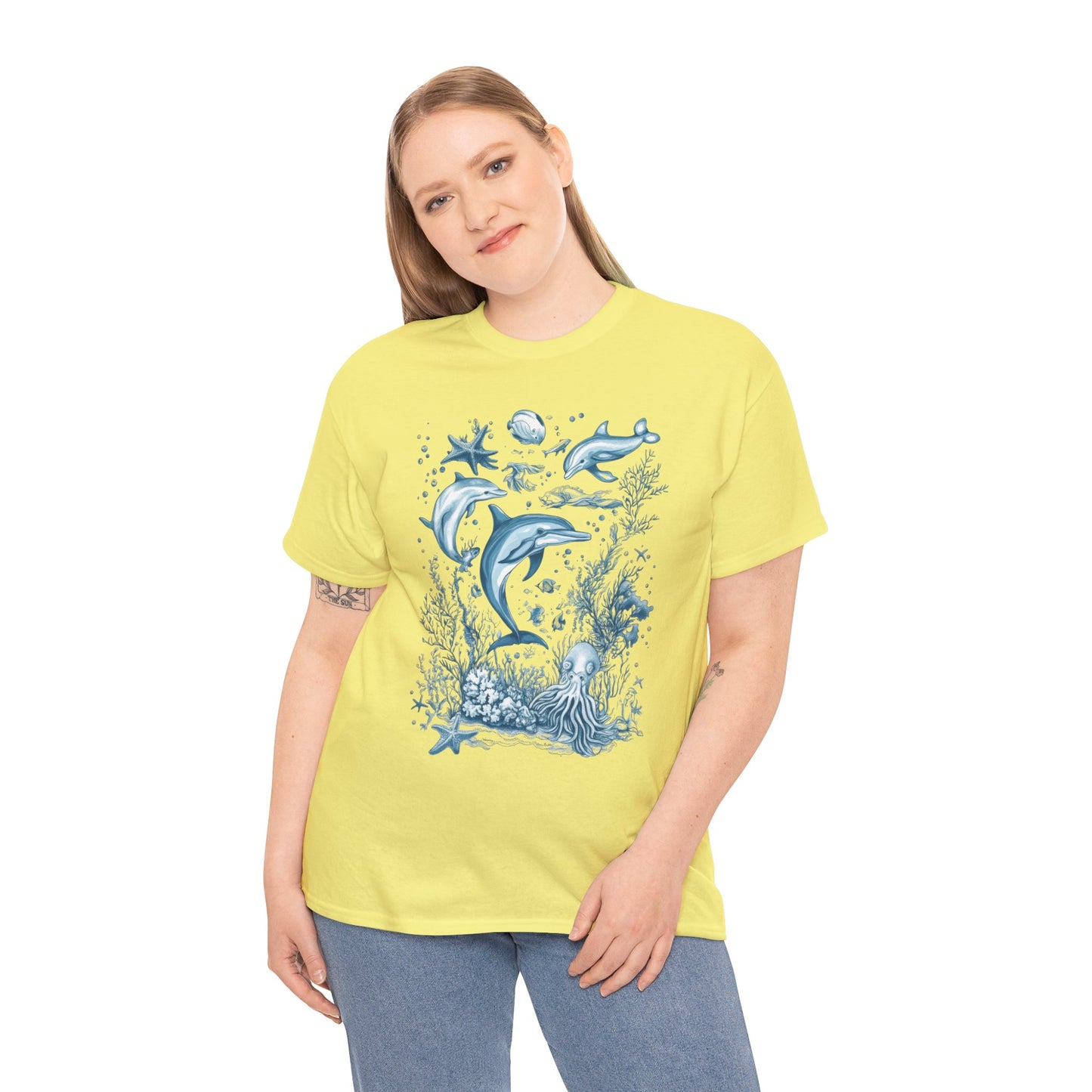 Ocean Life Dolphin T-Shirt, Women's Cotton Tee with Underwater Sea Creatures, Marine Nature Gift Shirt, Perfect for Beach Lovers