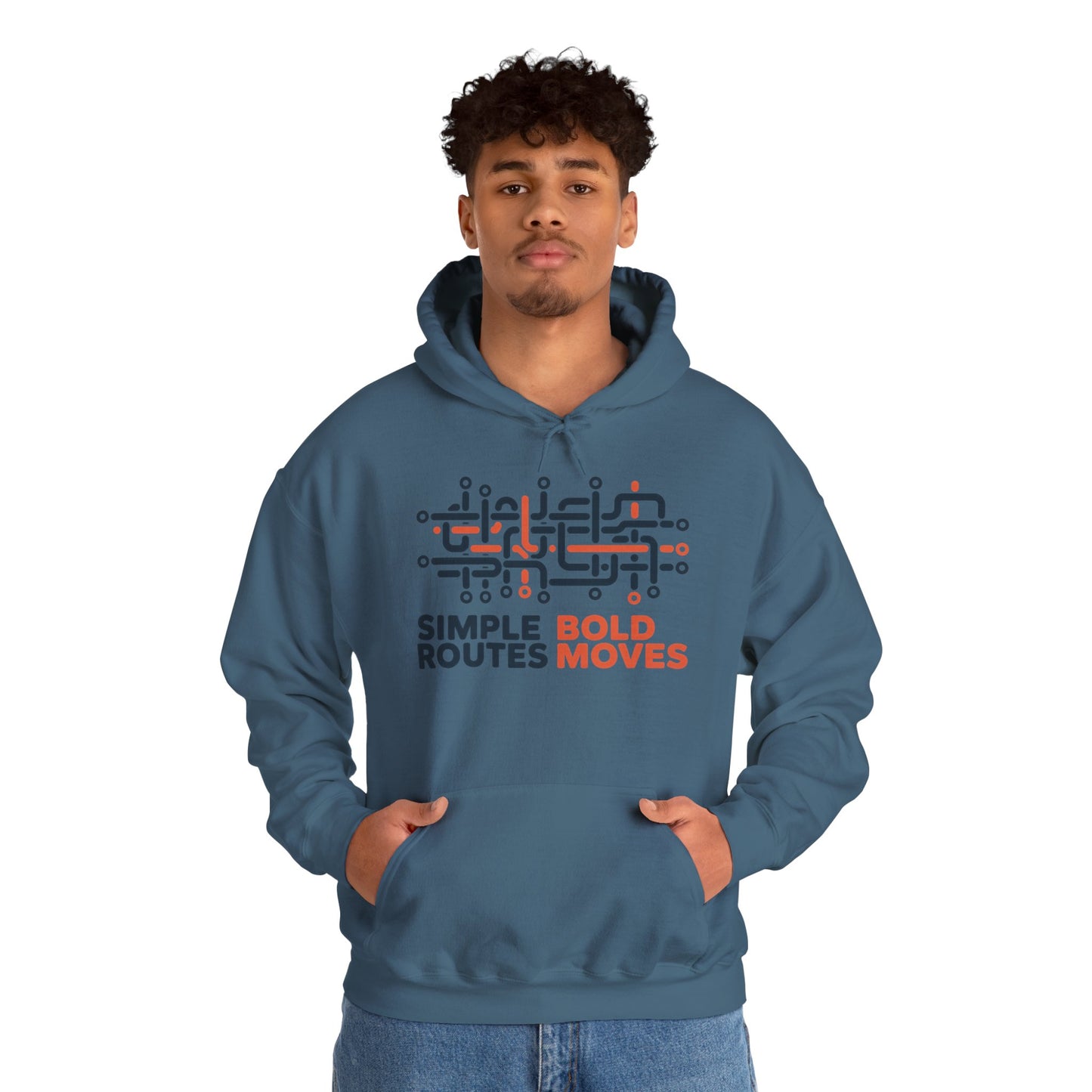 Men's Heavy Blend™ Hooded Sweatshirt, Simple Routes Bold Moves Hoodie, Unisex Metro Map Graphic, Urban Streetwear