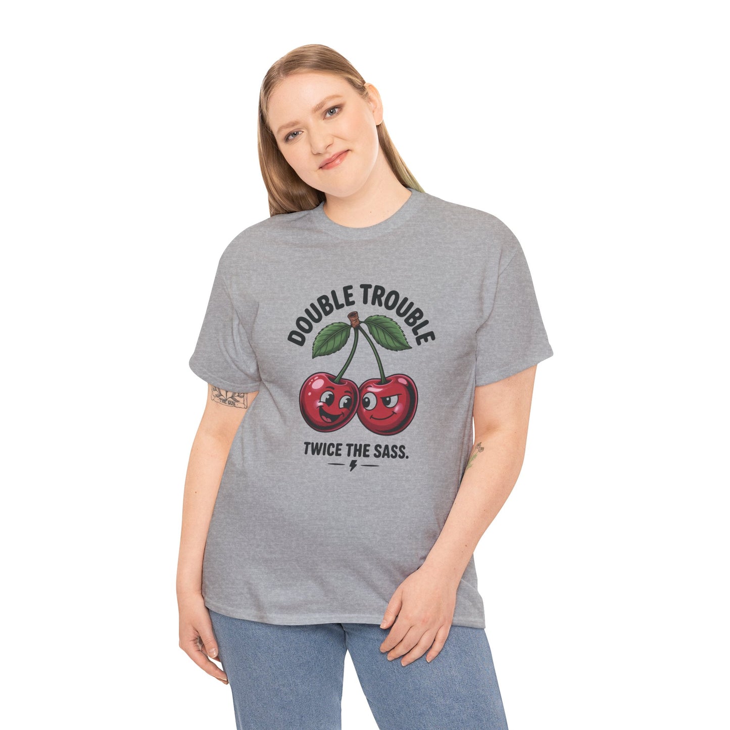 Double Trouble Cherry Graphic Tee, Funny Cute Womens T-Shirt, Twice the Sass Quote Shirt, Sassy Cherry Cartoon Gift