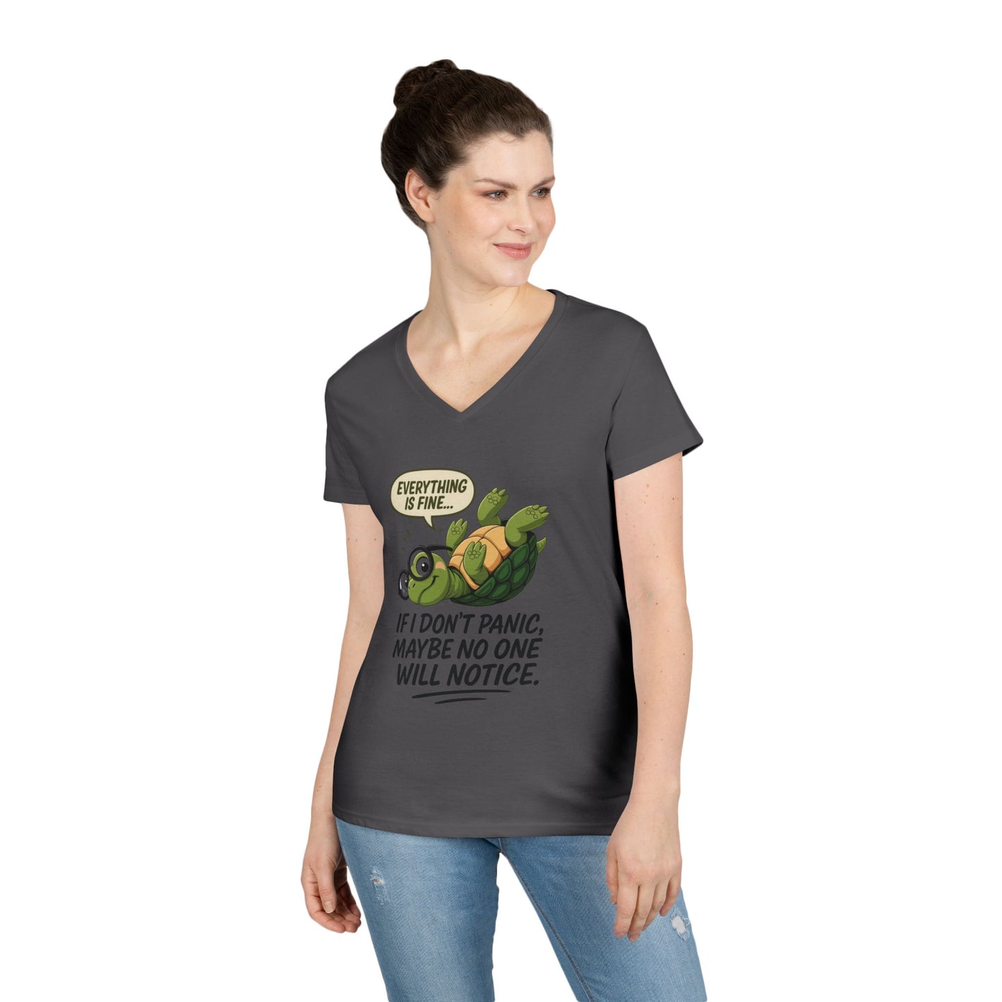 Cute & Comfy Turtle V-Neck T-Shirt, Everything is fine.. design, Gift for Animal Lovers, Casual Wear, Fun Quotes, Positive message tee