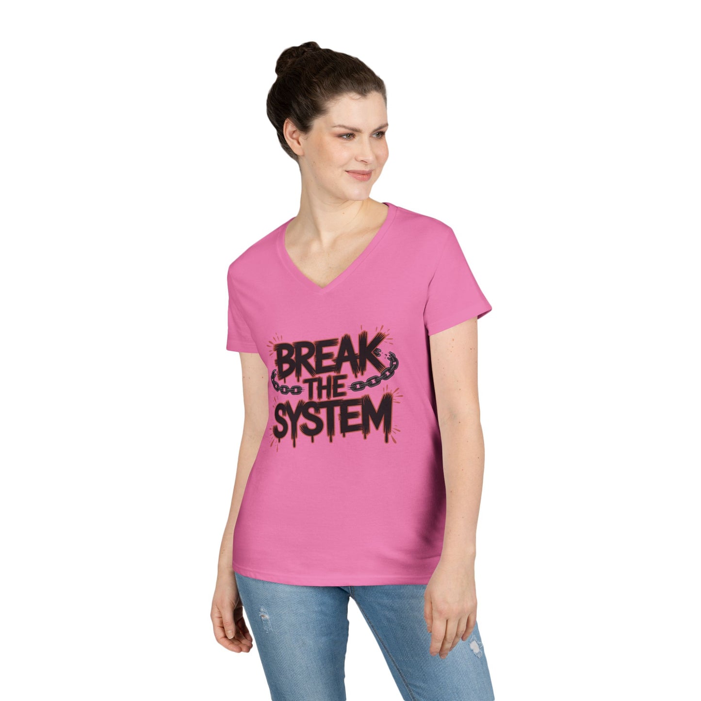 Ladies' V-Neck T-Shirt, Women's Graphic Tee, Break the System Shirt, Feminist Protest T-Shirt, Streetwear Gift for Her