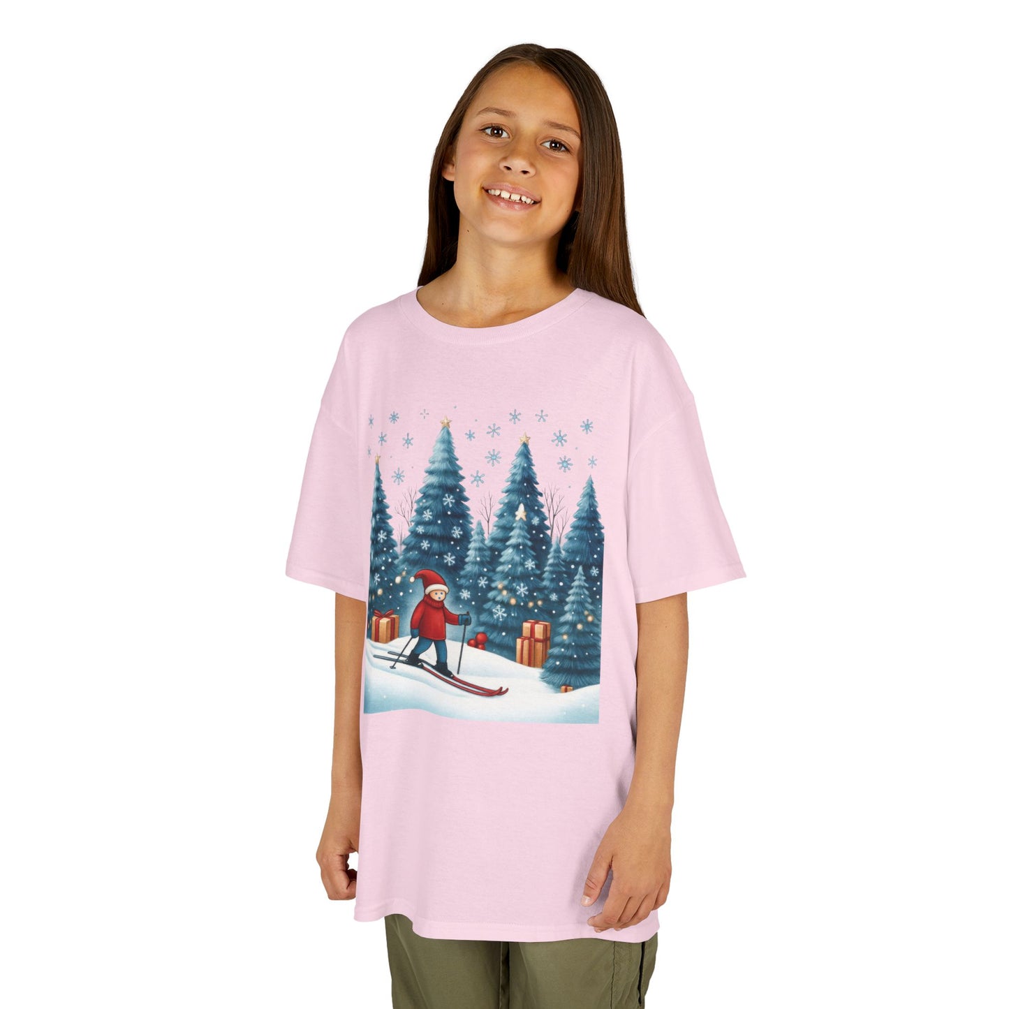 Kids Christmas Skiing T-Shirt, Cute Winter Holiday Graphic Tee, Kids Heavy Cotton™ Tee