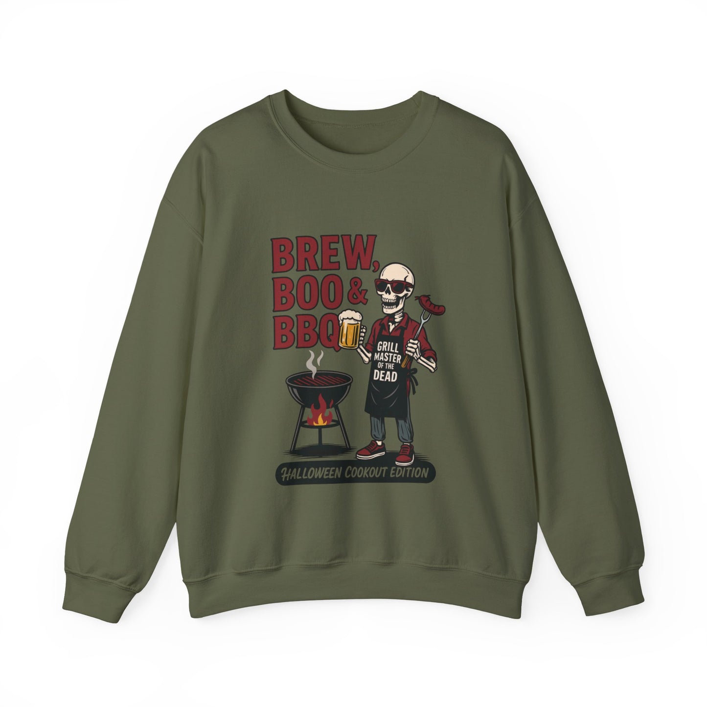 Halloween BBQ Men's Sweatshirt, Brew Boo & BBQ Skeleton Grill Master, Spooky Dad Gift, Skeleton Dad Sweat, Grill Master Crew