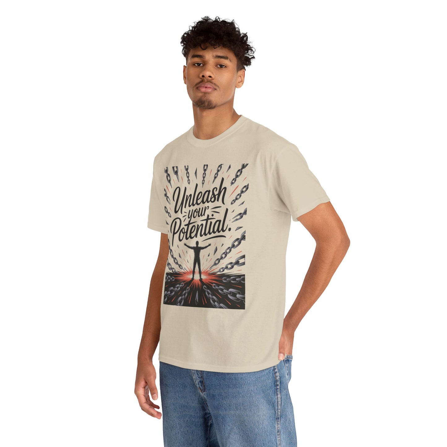Inspiring Men's Heavy Cotton Tee, "Unleash Your Potential" Motivation Shirt, Gift for Graduates, Personal Growth Apparel, Casual Wear