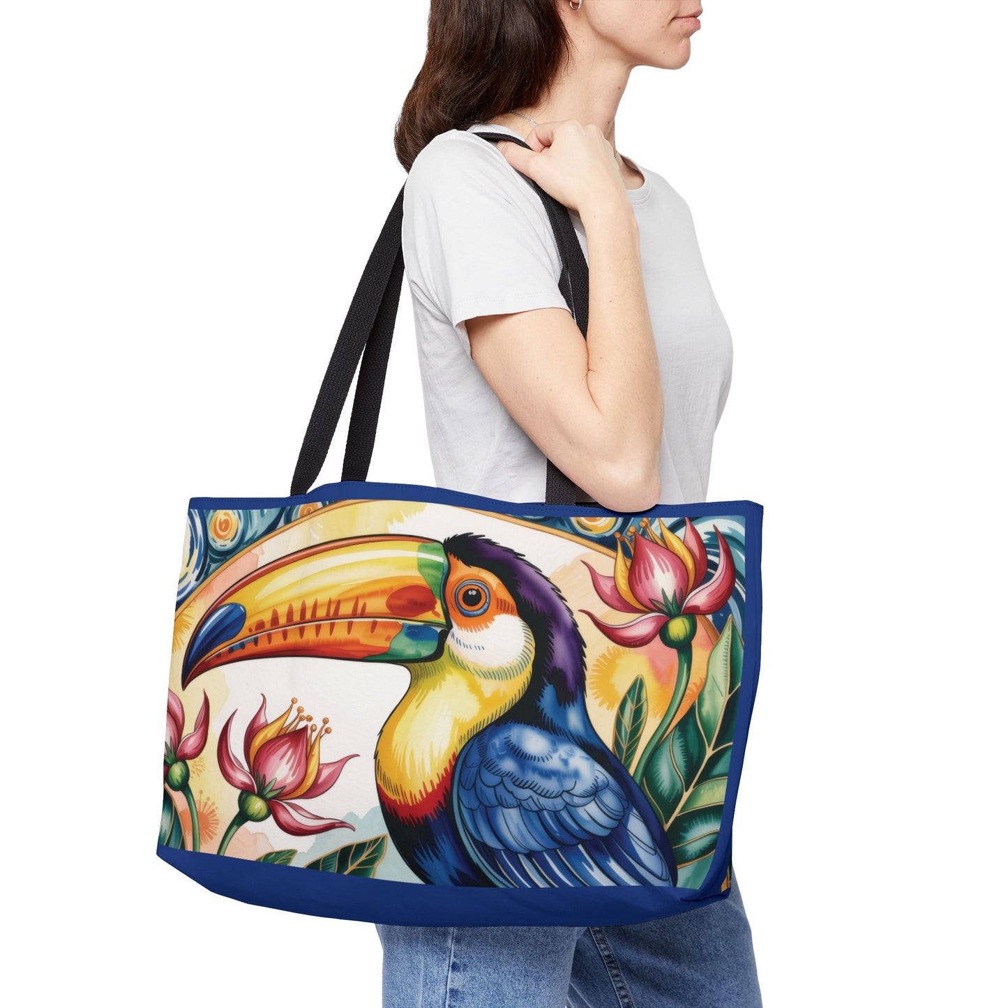 Tropical Toucan Weekender Tote Bag, Vibrant Tropical Weekend Tote with Flowers, Summer Vacation Bag, Large Canvas Bag for Pool & Beach