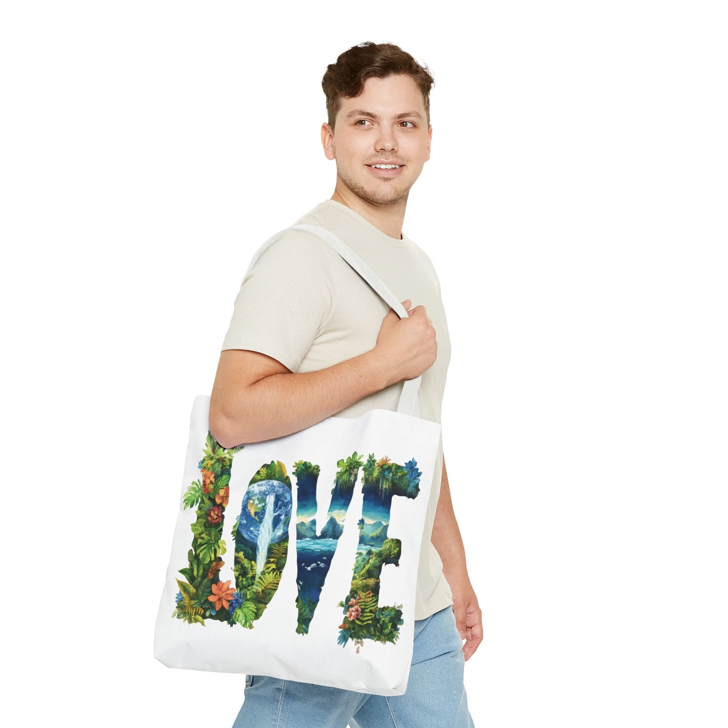 Earth Day LOVE Tote Bag, Eco Friendly Nature Art Bag, Sustainable Planet Message, Floral Tote, Shopping Bag, Beach Bag, Large Canvas Bag