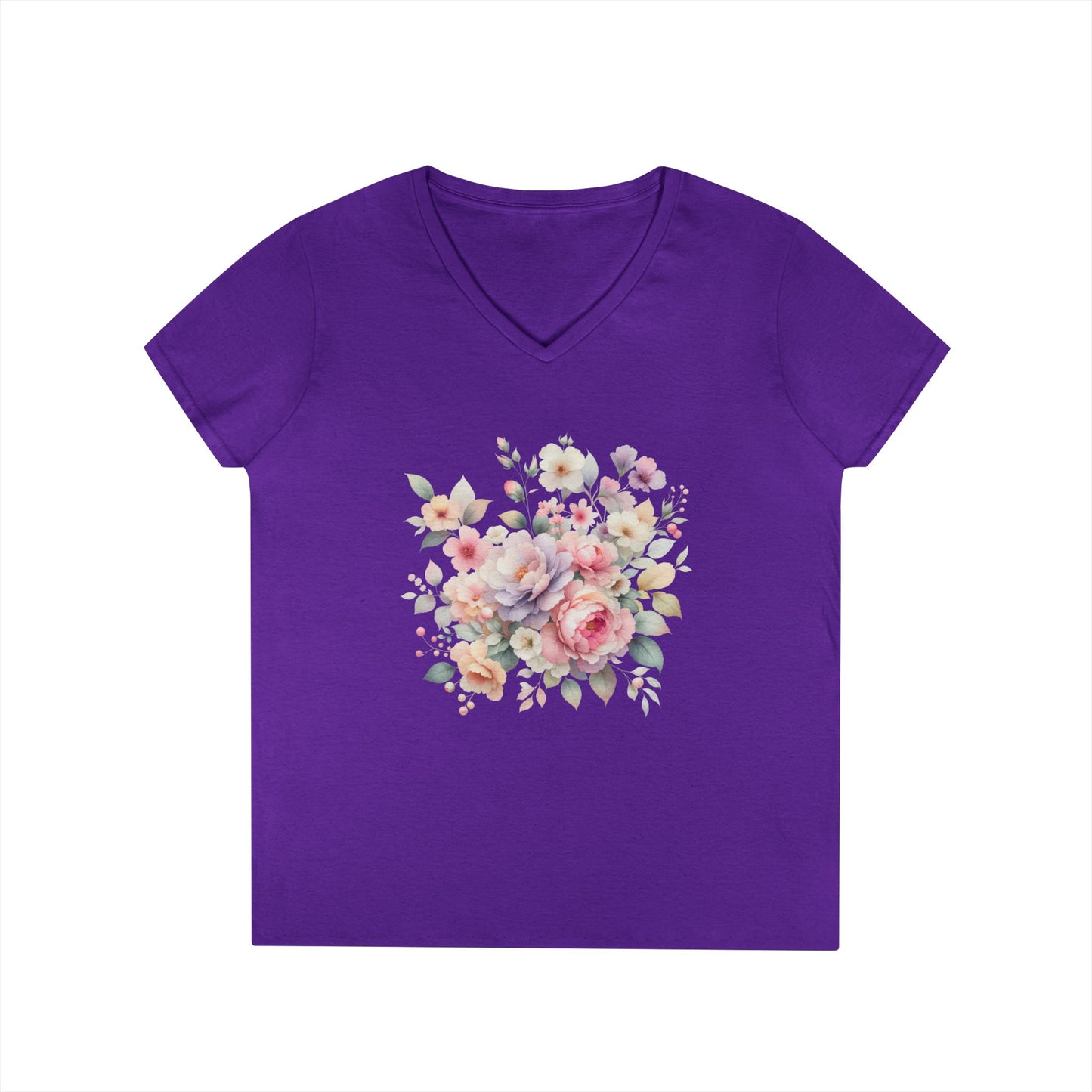 Pastel Floral Bouquet Ladies' V-Neck T-Shirt, Romantic Soft Vintage Flower Tee, Spring Fashion, Gift for Her, Everyday Wear
