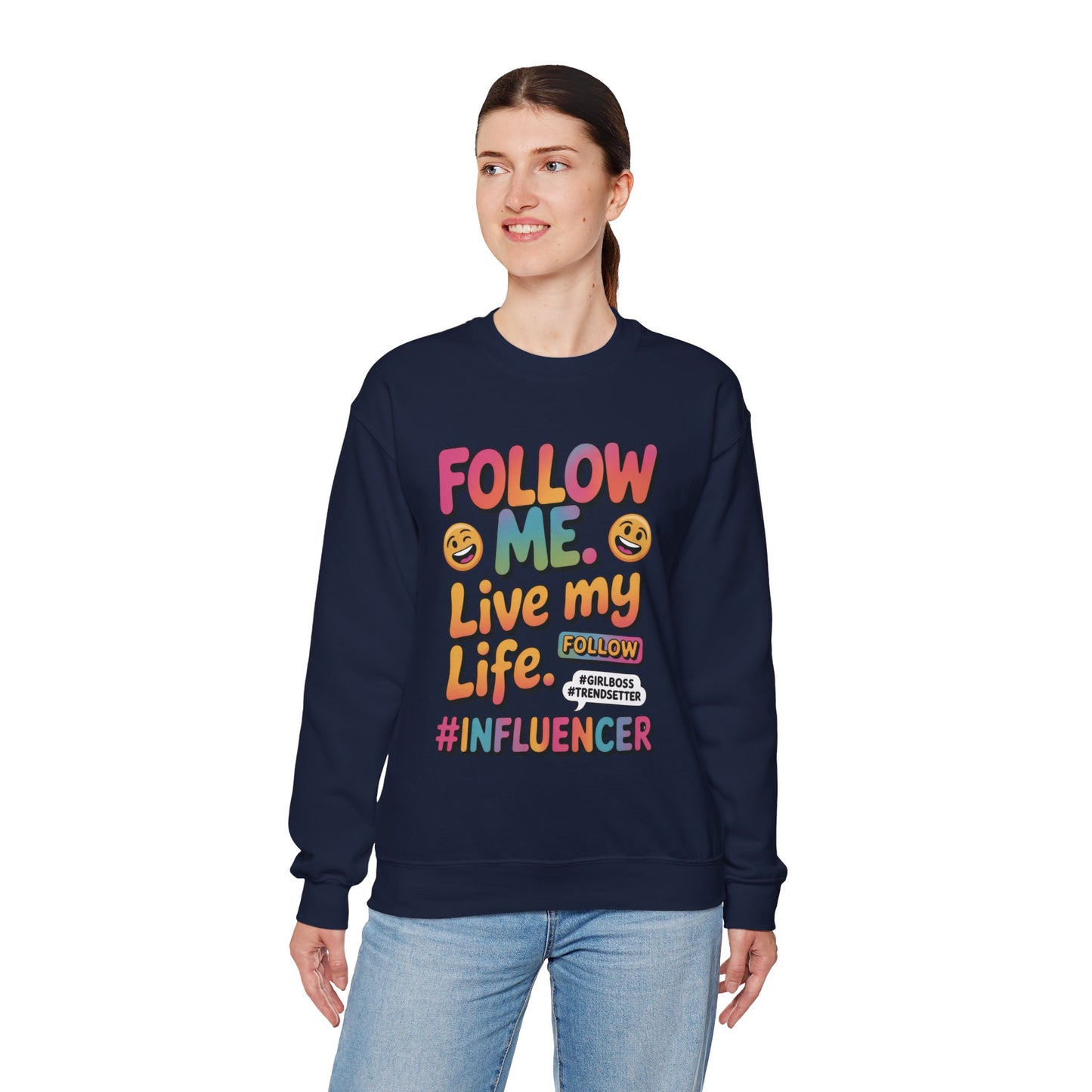 Womens Heavy Blend™ Crewneck Sweatshirt, Influencer Sweatshirt, Colorful Follow Me Live My Life Graphic Sweatshirt, Trendy GirlBoss Outfit