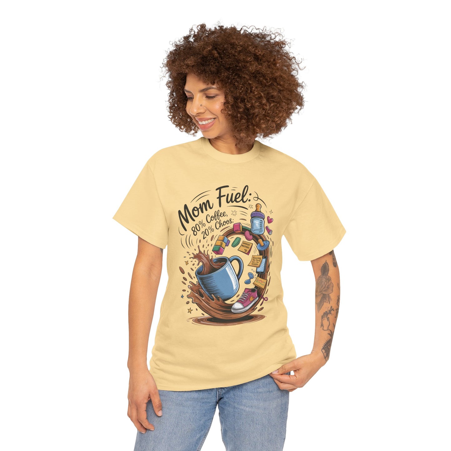 Mom Fuel Heavy Cotton Tee, Funny Coffee Lover T-Shirt, Gift for Moms, Mother's Day, Casual Wear, Pajama Top