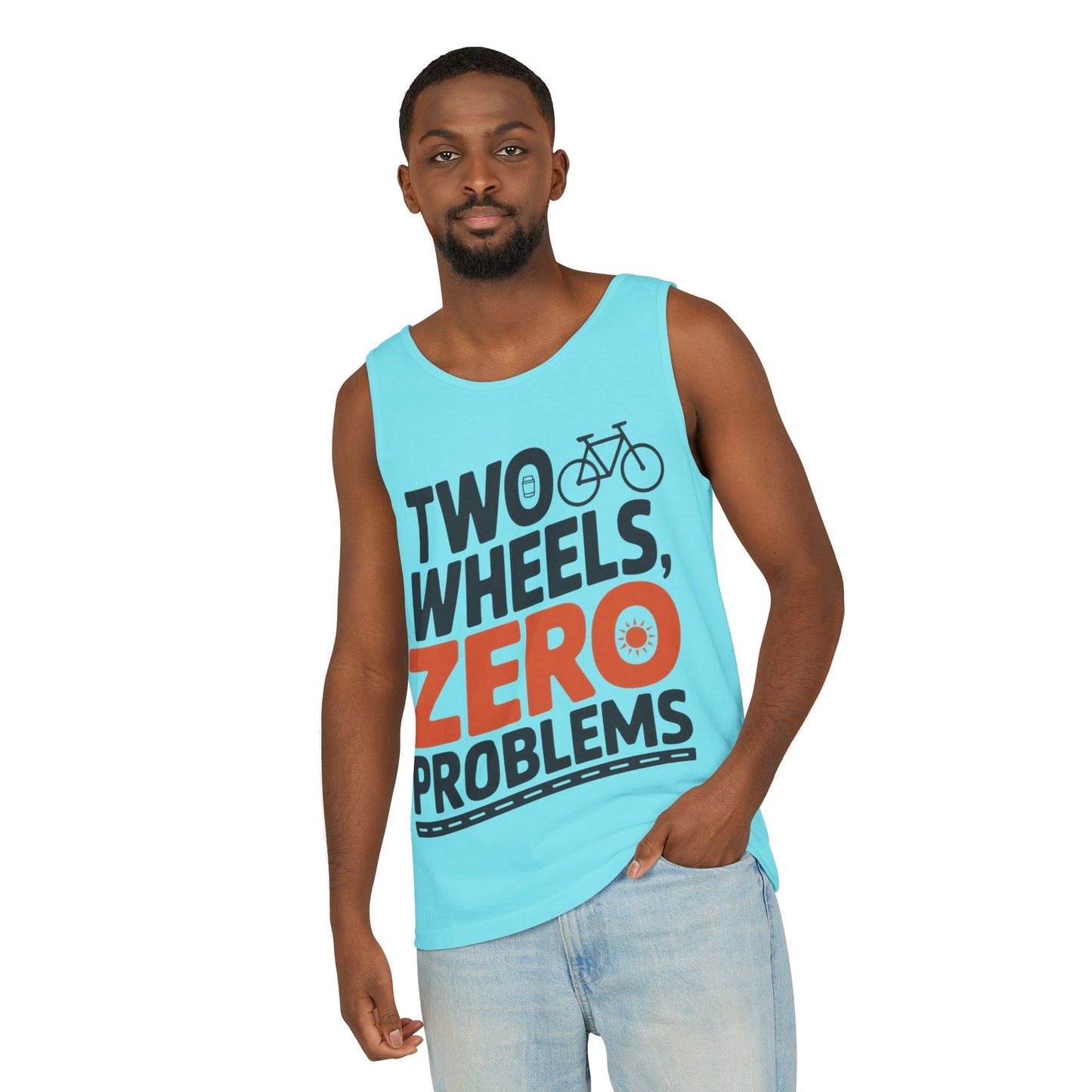 Mens Garment-Dyed Tank Top, Two Wheels Zero Problems Mens Cycling Graphic Tank, Gift for Cyclists