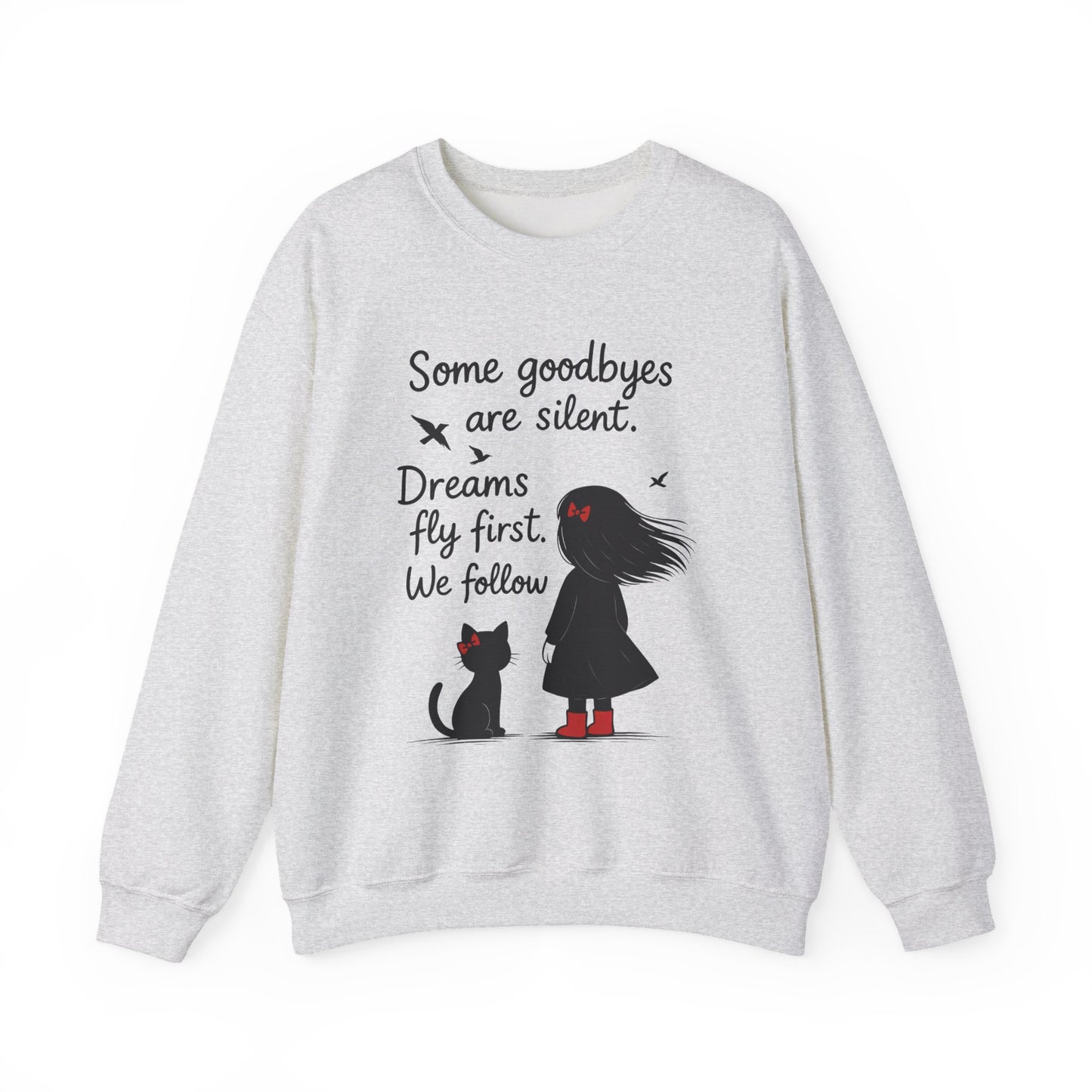 Cozy Farewell Girl & Cat Pullover, Hand Drawn Red Dress Art, Minimalist Womens Crewneck