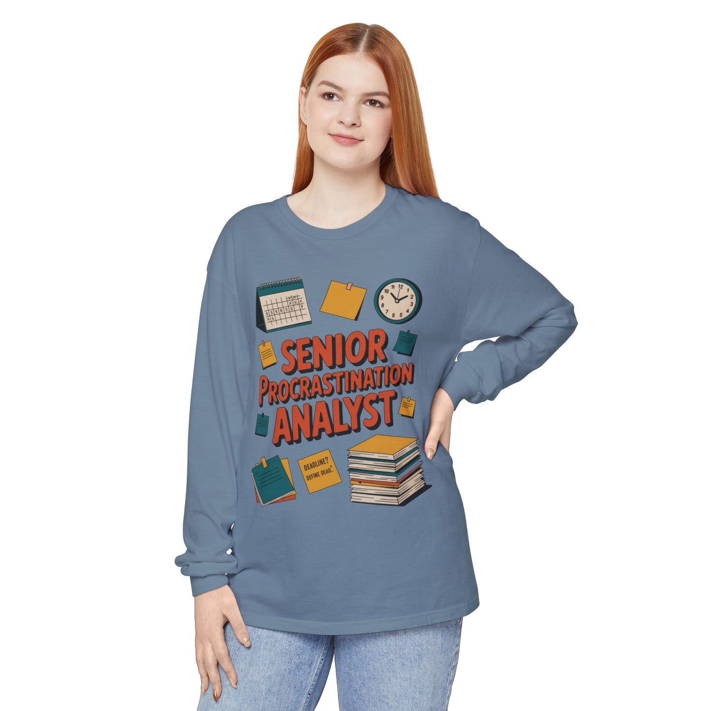 Senior Procrastination Analyst Long Sleeve Tee, Funny Work Shirt,Gift for Analysts, Office Humor, Meme Long Sleeve, Motivation Humor Apparel