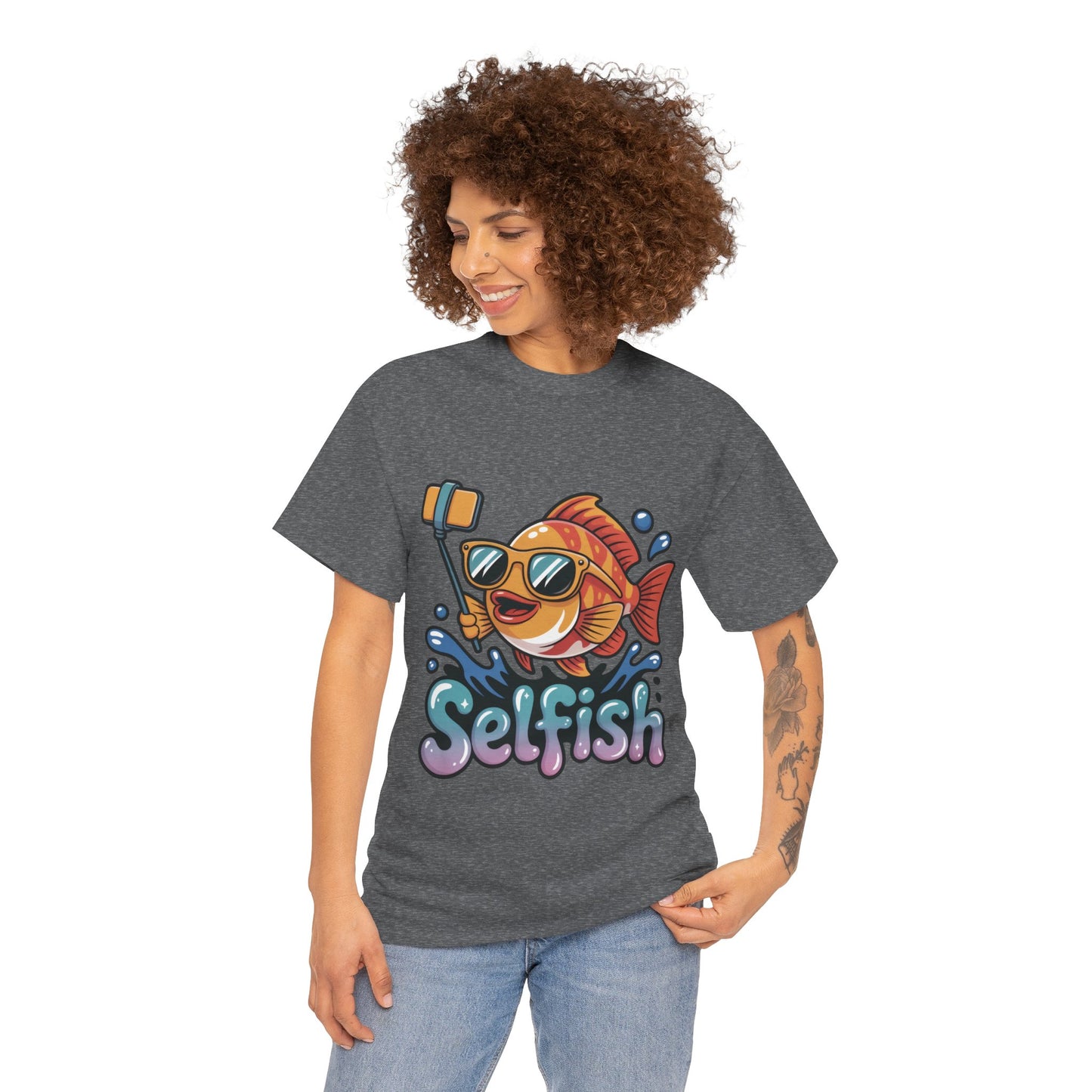 Funny Selfie Fish Graphic Womens T-Shirt, Playful Pun Gift for Her, Summer Vibes, Unique Beach Shirt, Outdoor Adventures