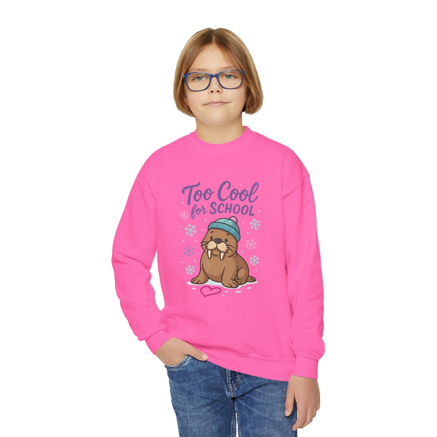 Youth Crewneck Sweatshirt, Kids Too Cool for School Walrus Sweatshirt, Funny Animal Pullover, Cute Winter Top
