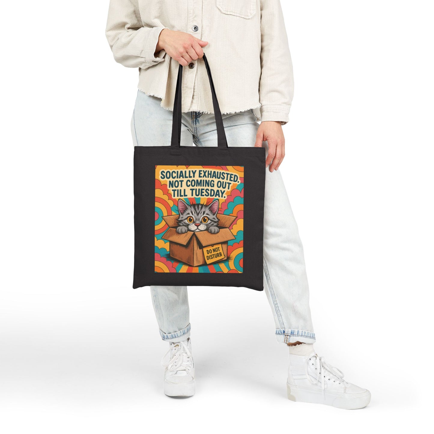Socially Exhausted Cat Tote Bag, Funny Retro Cat in Box Canvas Bag, Do Not Disturb Comic Bag, Gift for Cat Lovers, Weekend Vibes