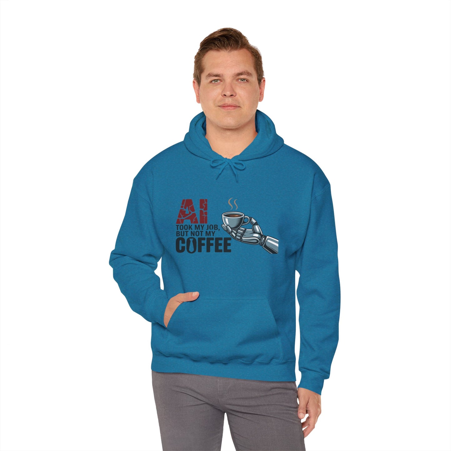 AI Coffee Hoodie, Funny Robot Humor Pullover, Geek Job Joke Sweatshirt Gift, Men's Heavy Blend™ Hooded Sweatshirt, Sarcastic Work Shirt