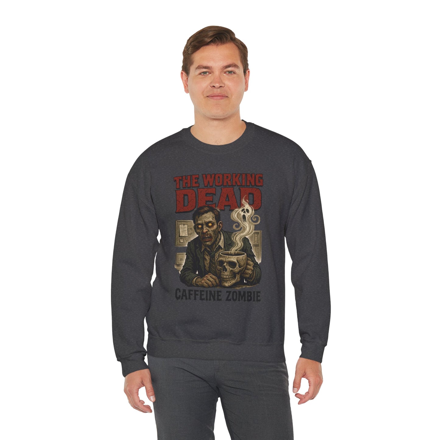 The Working Dead Men's Funny Zombie Sweatshirt, Office Humor Crewneck, Halloween Zombie Top, Coffee Zombie Sweatshirt