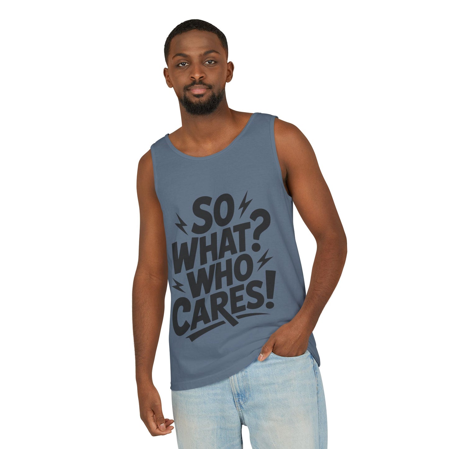 Mens Tank Top, "So What? Who Cares!", Casual Summer Wear, Beach Trip, Festival Outfit, Lightning Print, Sarcastic Summer Tee, Gym Tank