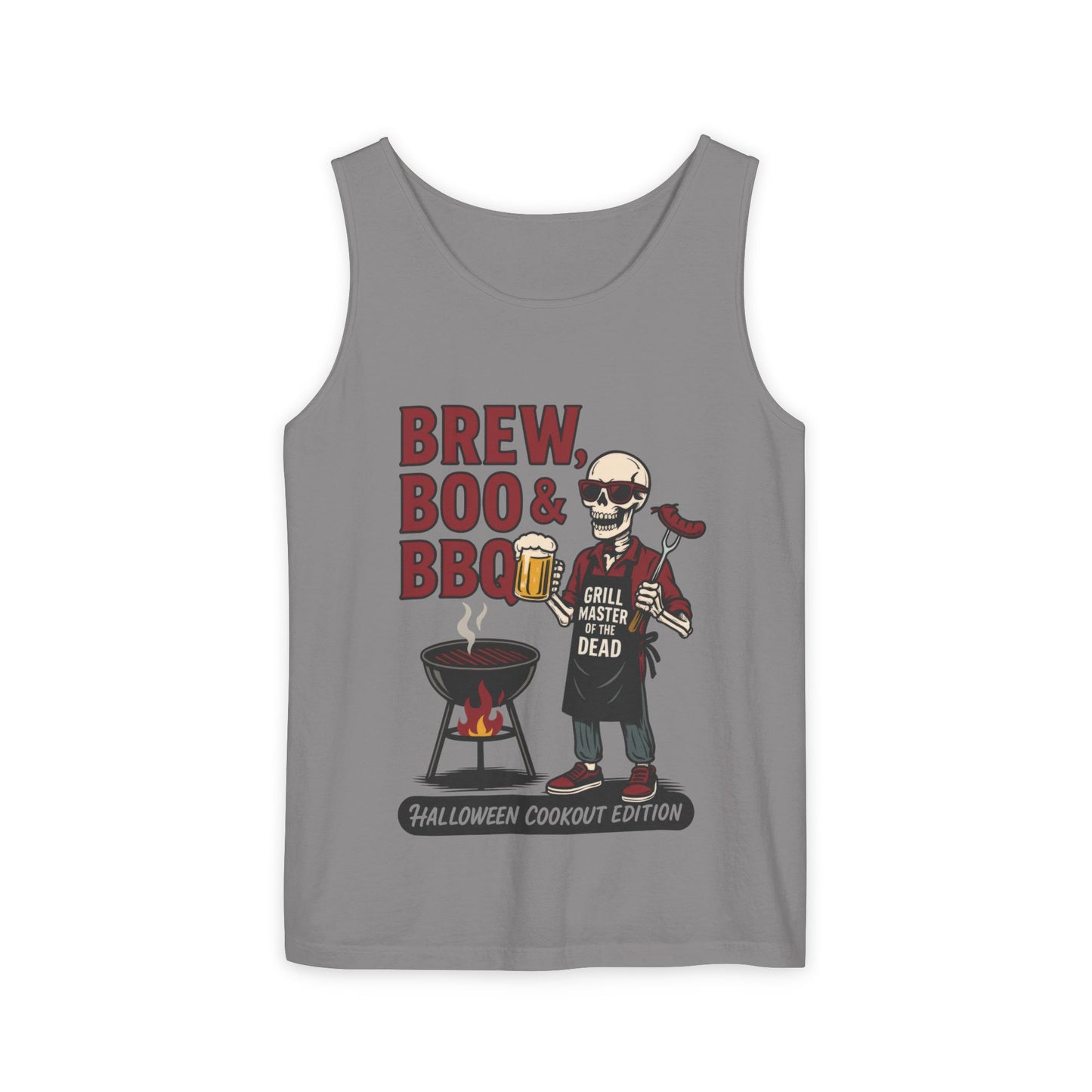 Halloween BBQ Men's Tank Top, Brew Boo & BBQ Skeleton Grill Master, Funny Dad Gift, Grill Master Top, Funny Skeleton Top