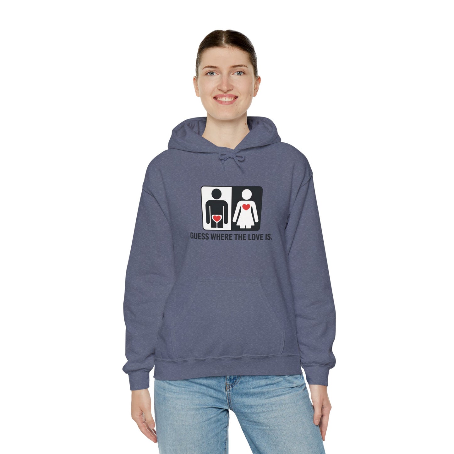 Cute Guess Where The Love Is Mens Hoodie, Sweatshirt for Couples, Valentines Day Gift, Relationship Humor Hoodie, Bold Love Joke Hoodie