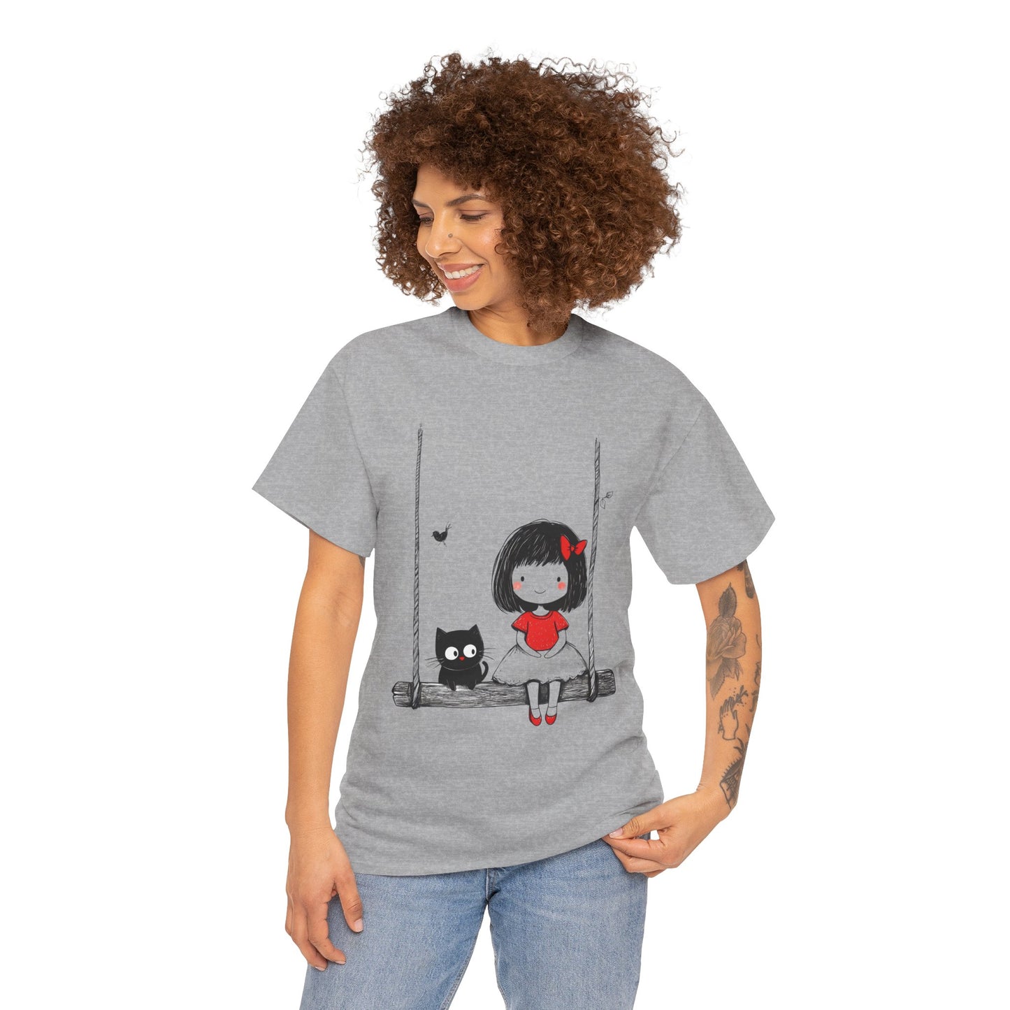 Cute Cat & Girl Graphic Tee, Playful Gift for Cat Lovers, Cat and Girl Design, Gift for Cat Owners, Women's Cotton T-Shirt