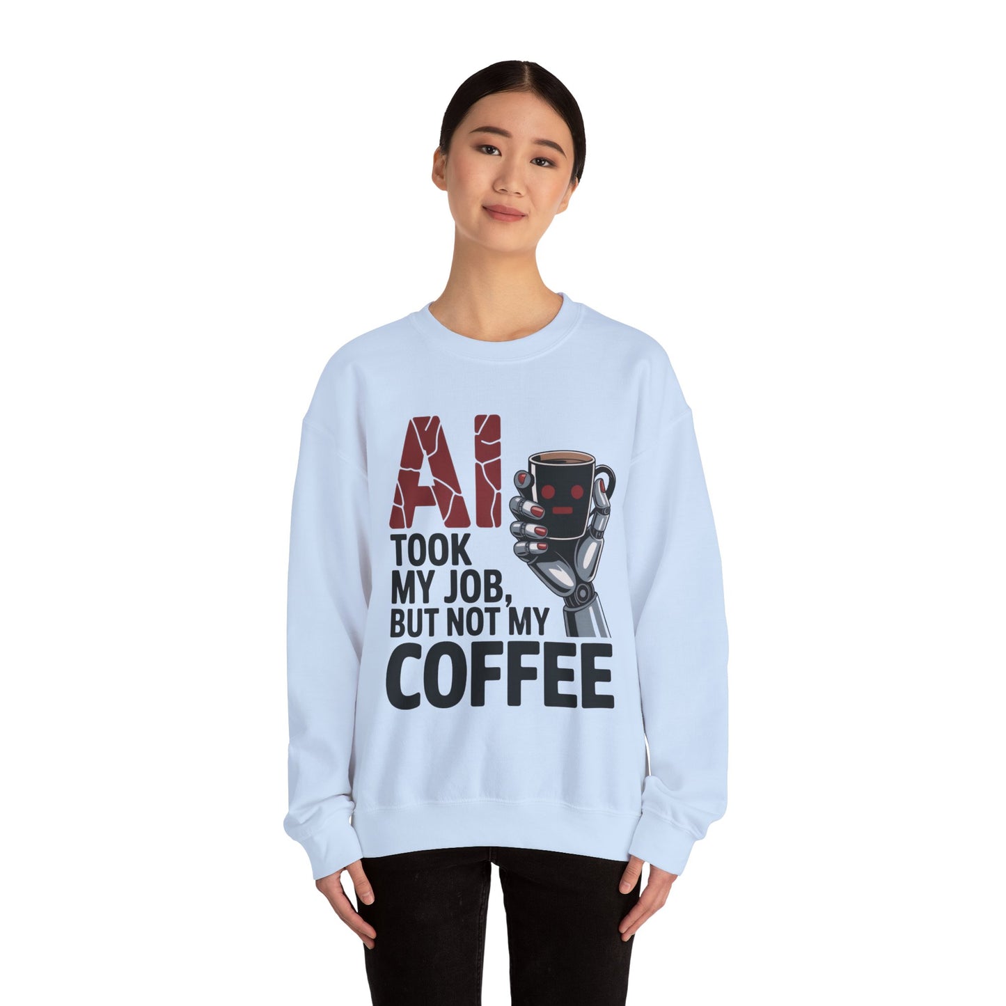 AI Coffee Sweatshirt, Funny Robot Humor Pullover, Geek Sarcastic Job Joke Top, Women's Heavy Blend™ Crewneck Sweatshirt