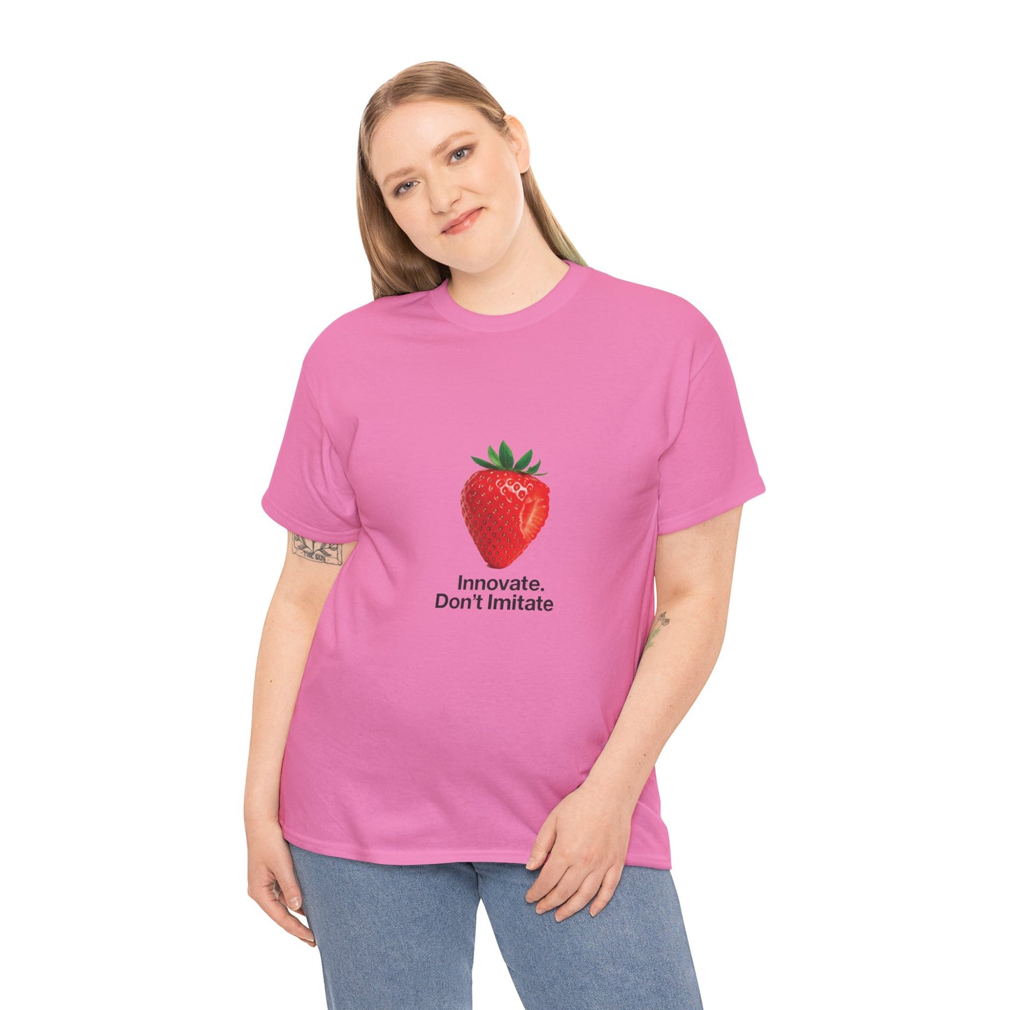 Strawberry Women's Heavy Cotton Tee, Innovate Don't Imitate Shirt, Graphic Tee, Casual Wear, Gift Idea, Summer Style, Witty Design T-Shirt